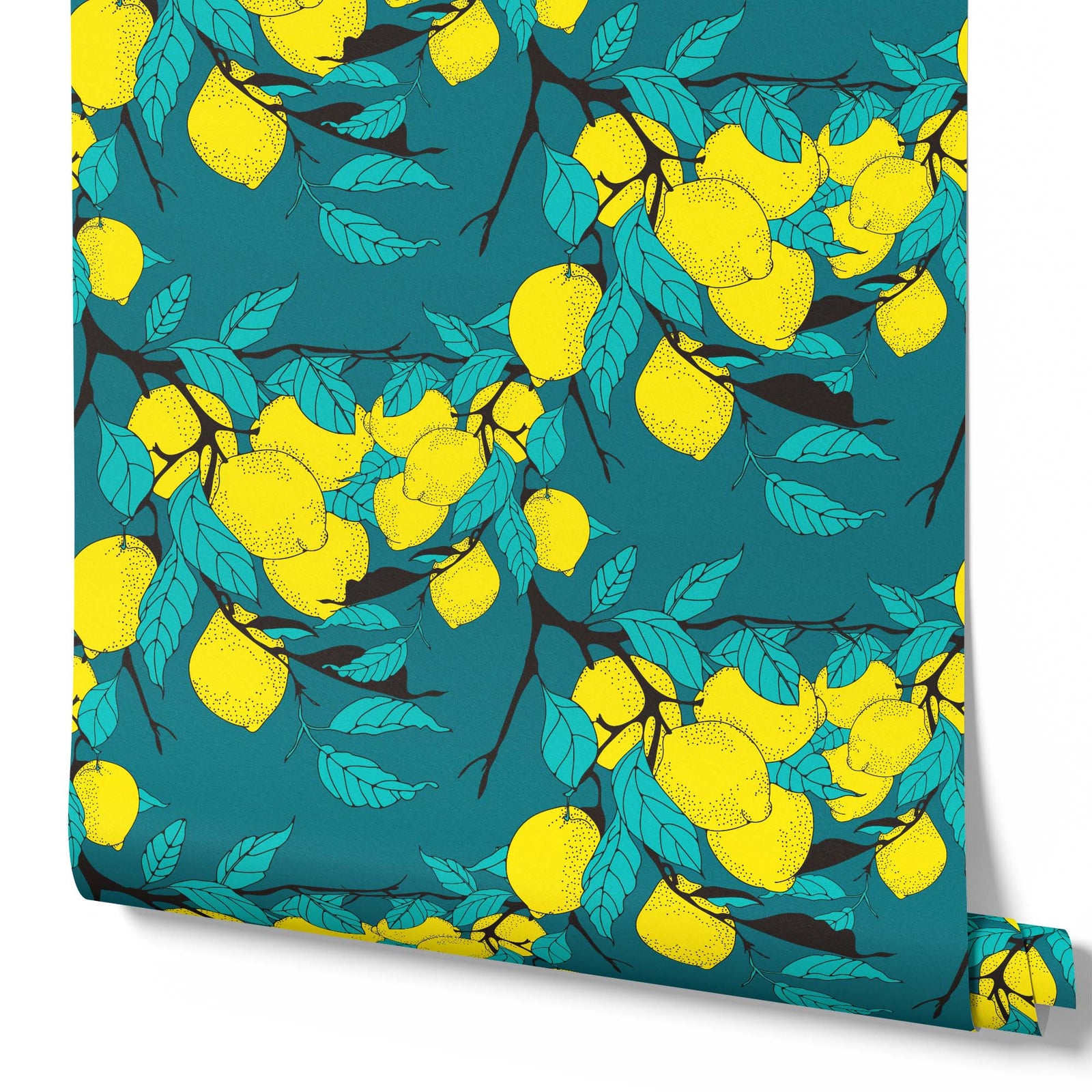 blue_A wallpaper with a blue background featuring various yellow lemons with a branch-like pattern.