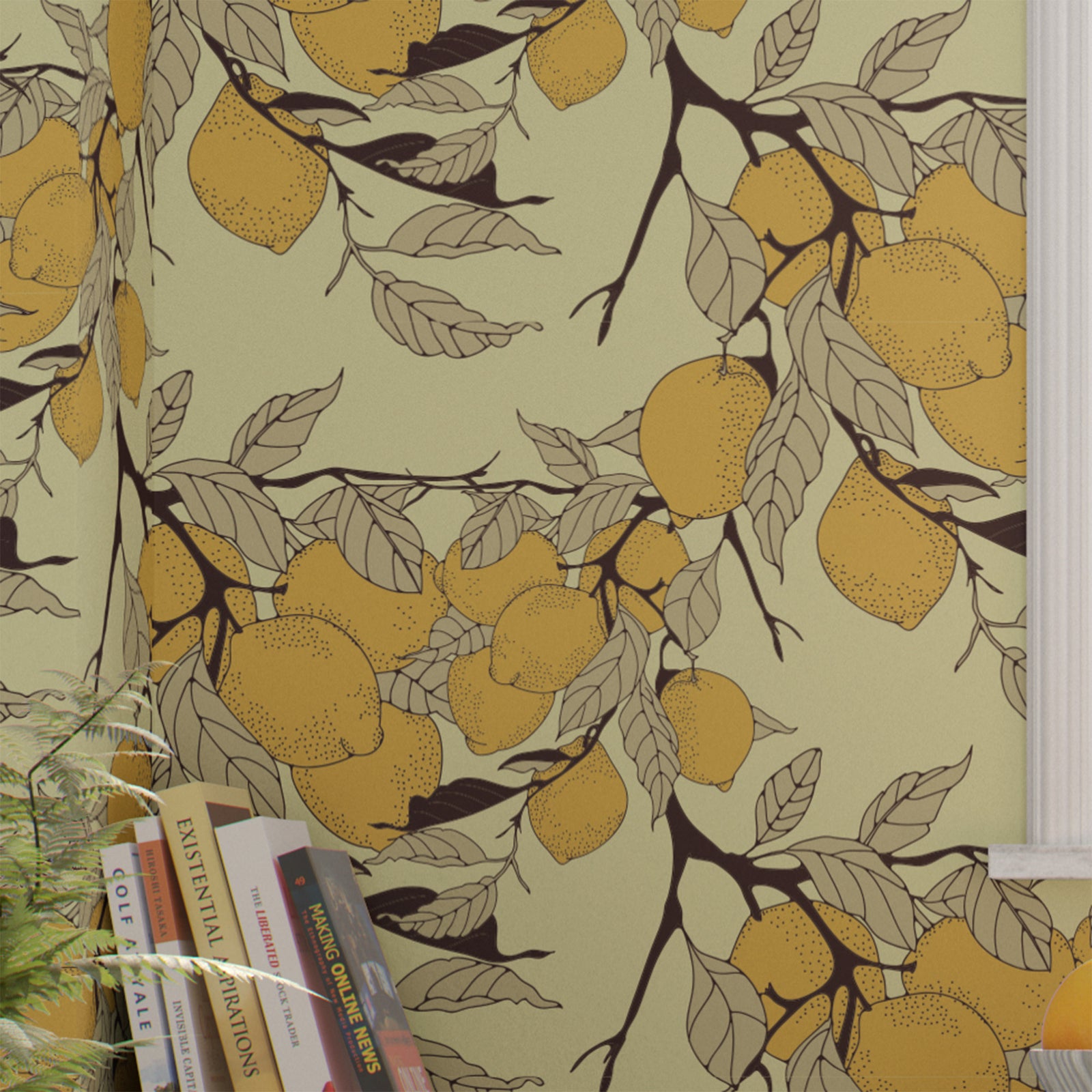 light-yellow_A wallpaper with a light yellow background featuring various yellow lemons with a branch-like pattern.