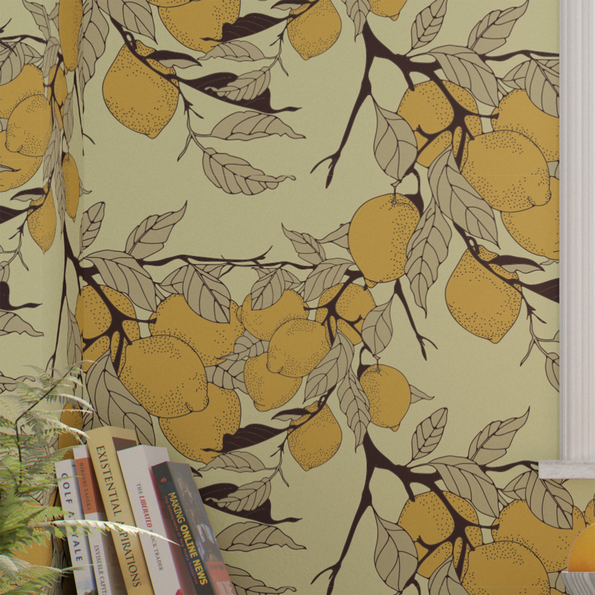light-yellow_A wallpaper with a light yellow background featuring various yellow lemons with a branch-like pattern.