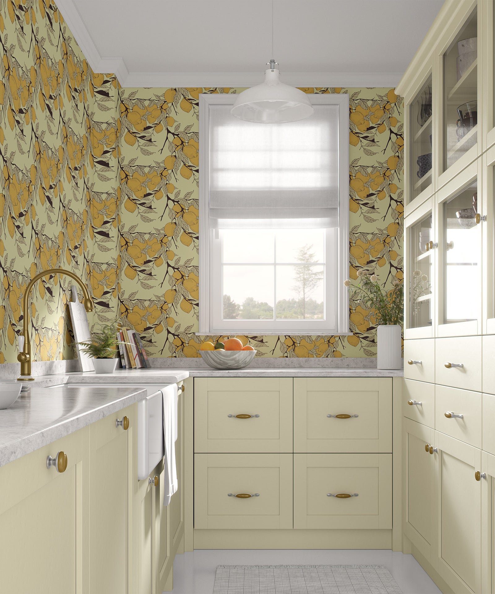 light-yellow_A wallpaper with a light yellow background featuring various yellow lemons with a branch-like pattern in a kitchen.