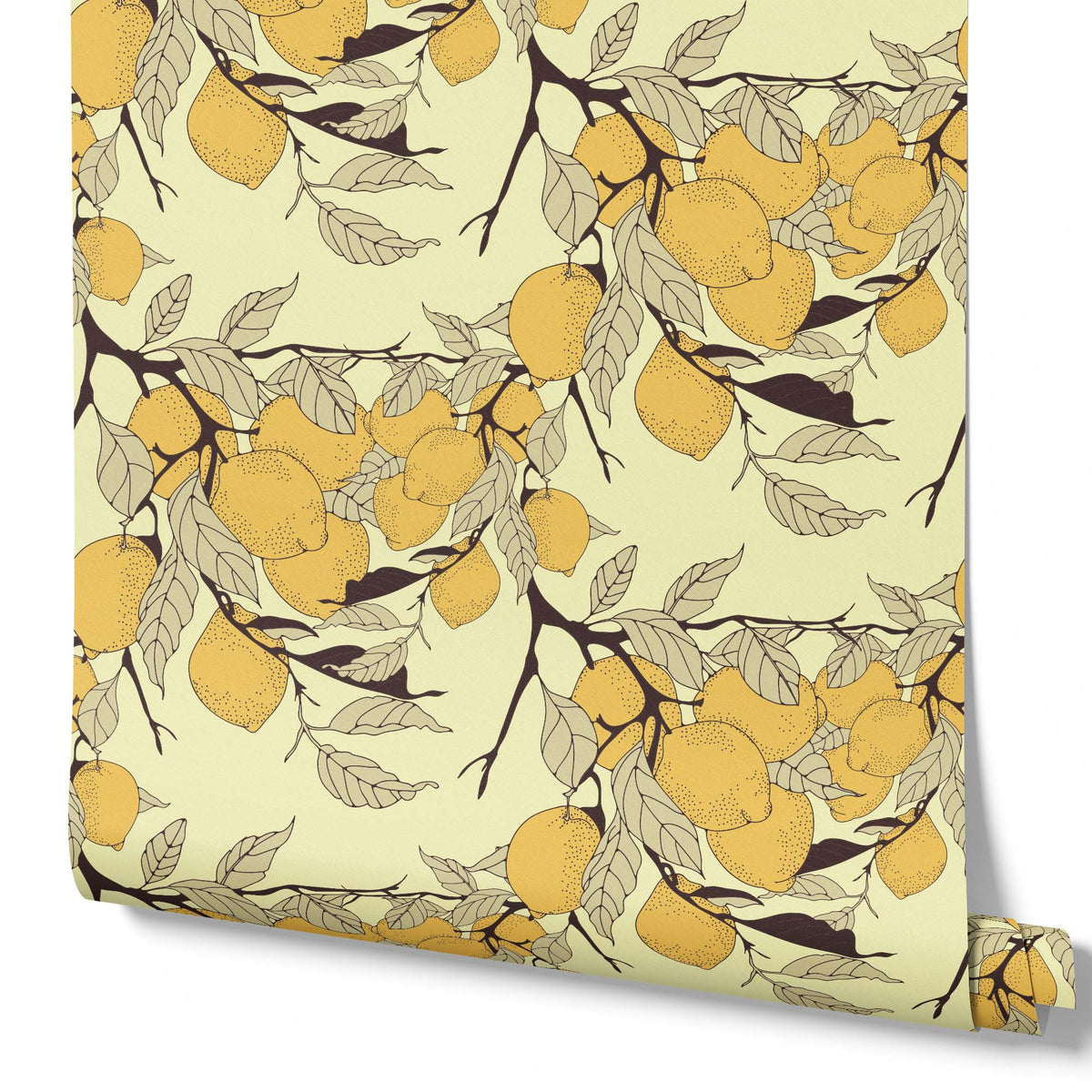 light-yellow_A wallpaper with a light yellow background featuring various yellow lemons with a branch-like pattern.