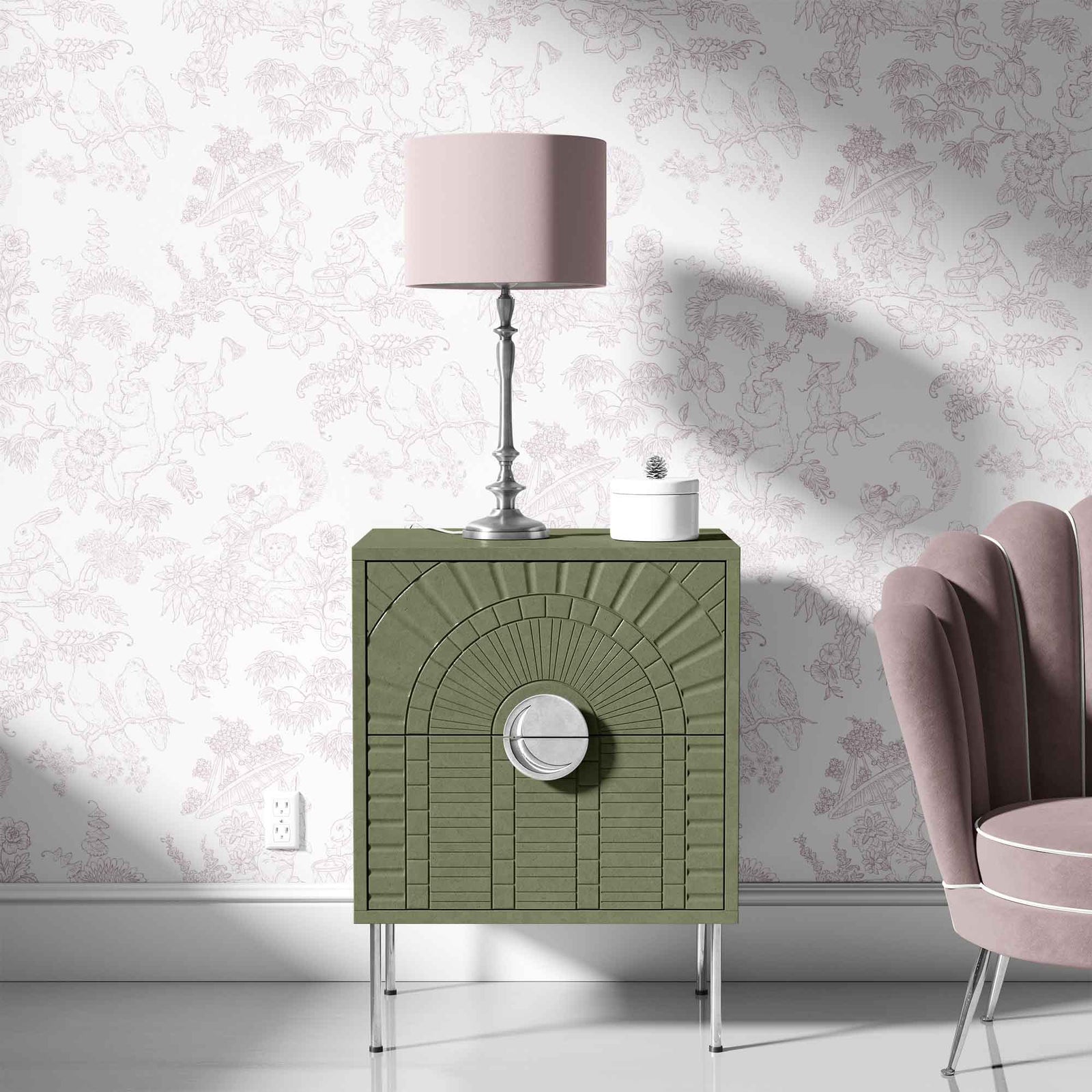 light-mauve_A traditional wallpaper with a floral pattern in a toile style design, predominantly light mauve on a white background in a room with a pink couch.