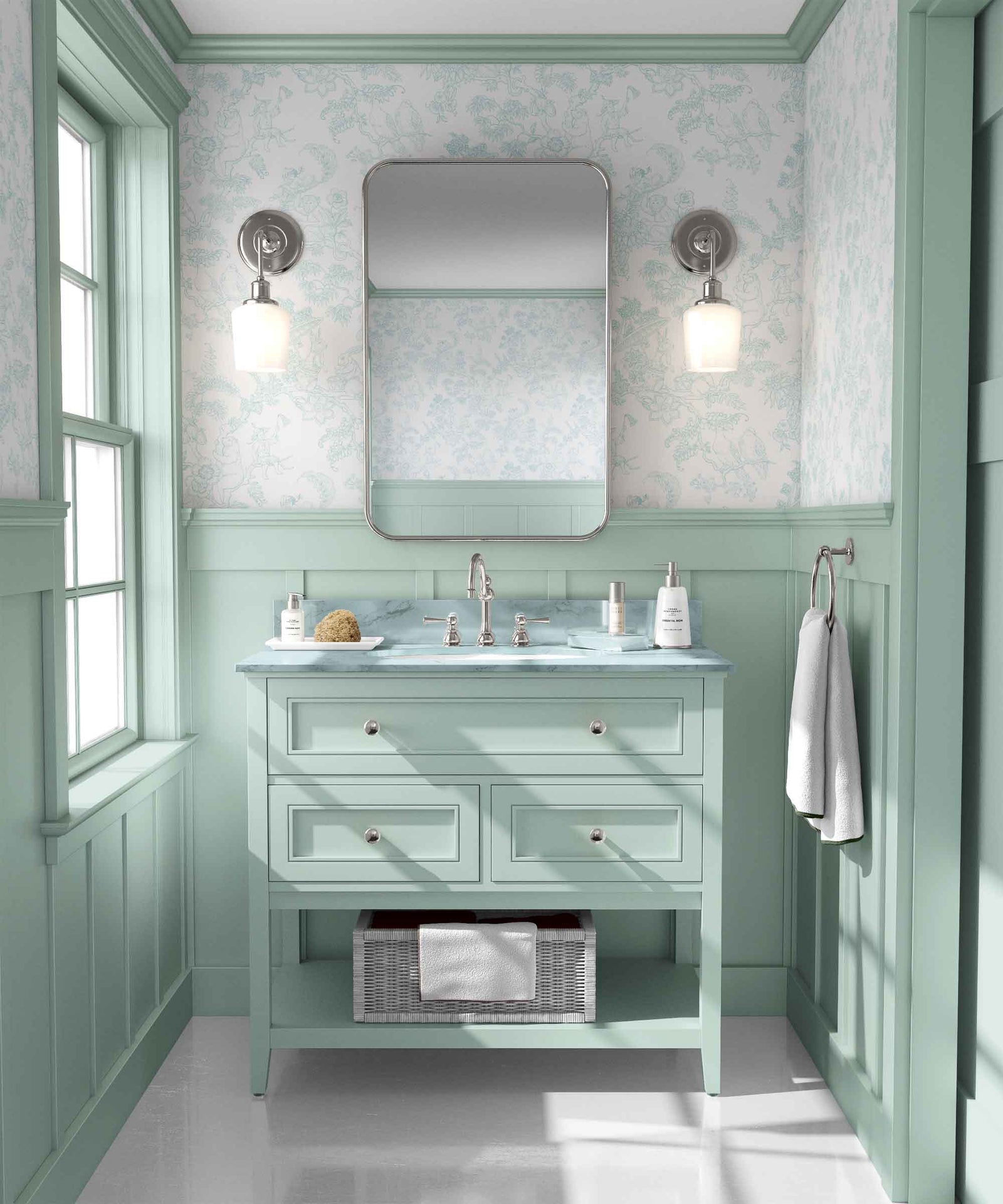 turquoise_A traditional wallpaper with a floral pattern in a toile style design, predominantly turquoise on a white background in a bathroom.