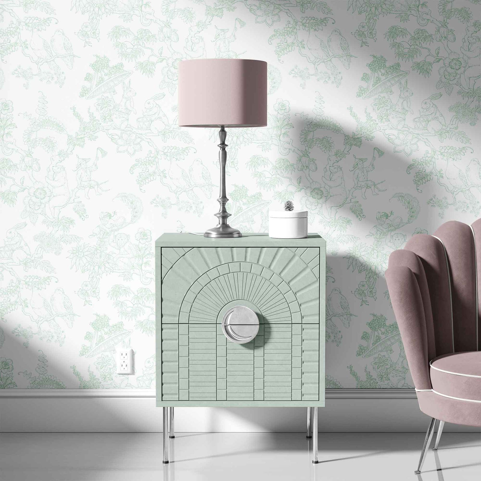 green_A traditional wallpaper with a floral pattern in a toile style design, predominantly green on a white background in a room with a pink couch.