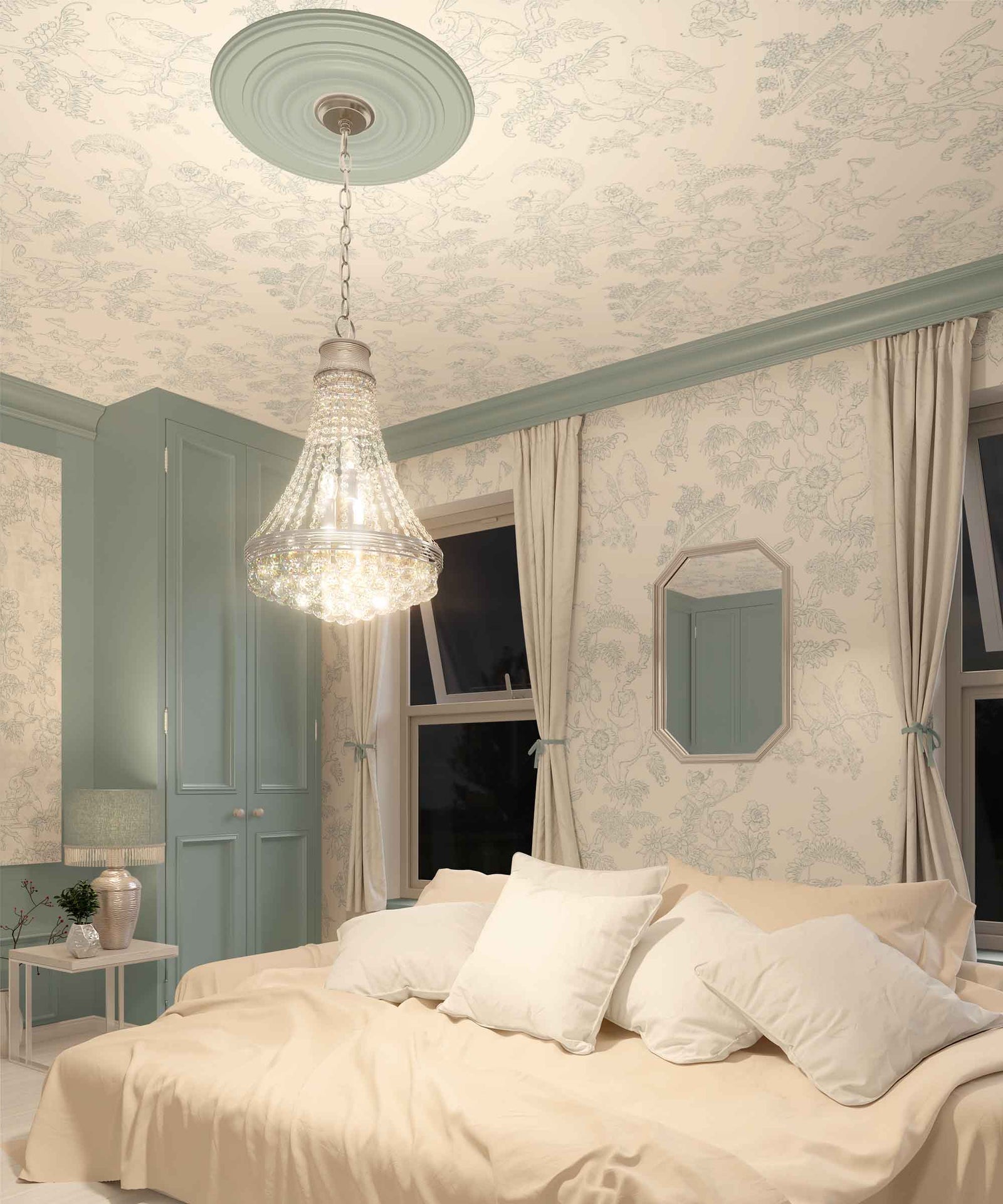 light-blue_A traditional wallpaper with a floral pattern in a toile style design, predominantly light blue on a white background in a bedroom with a white bed.