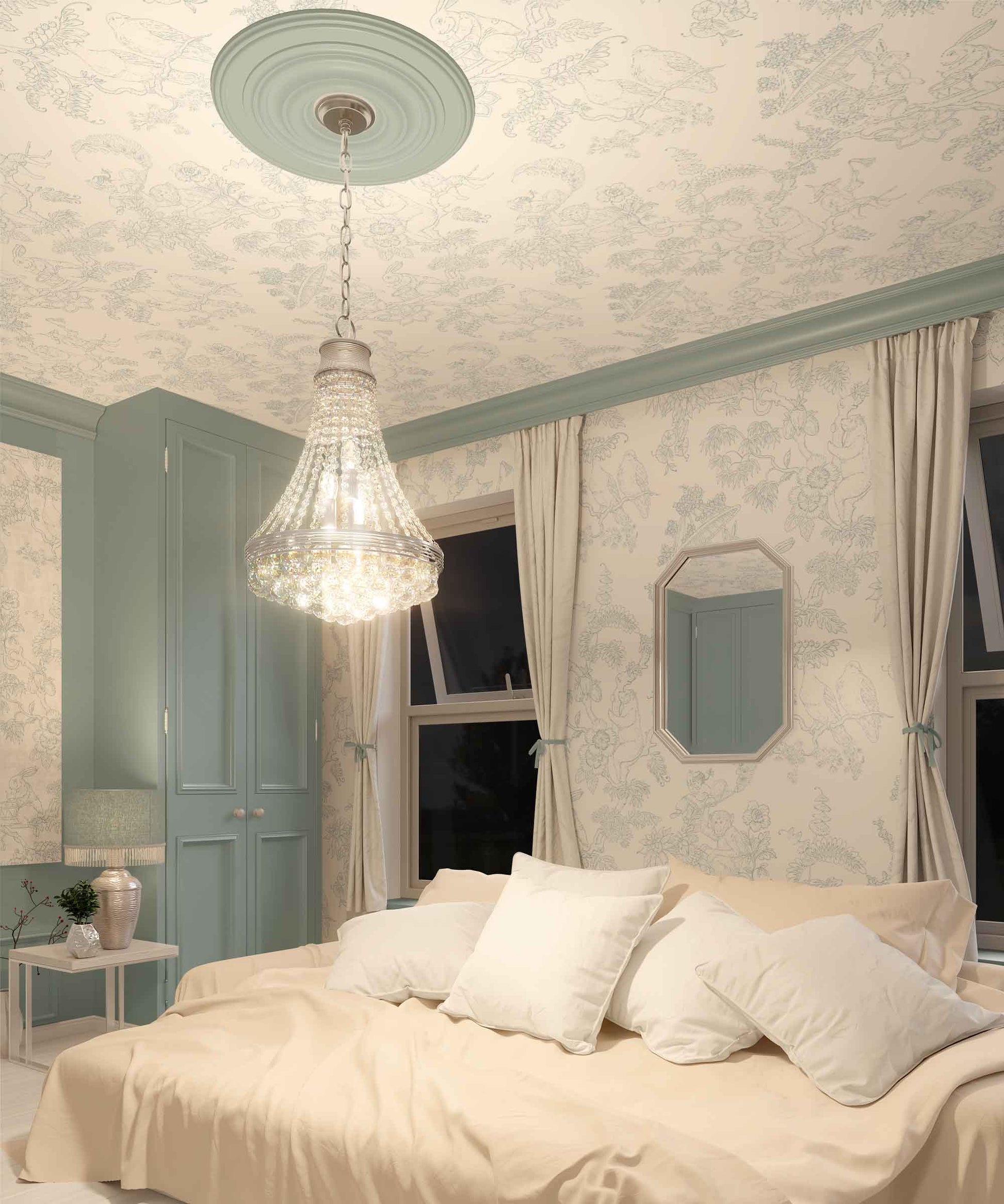 light-blue_A traditional wallpaper with a floral pattern in a toile style design, predominantly light blue on a white background in a bedroom with a white bed.