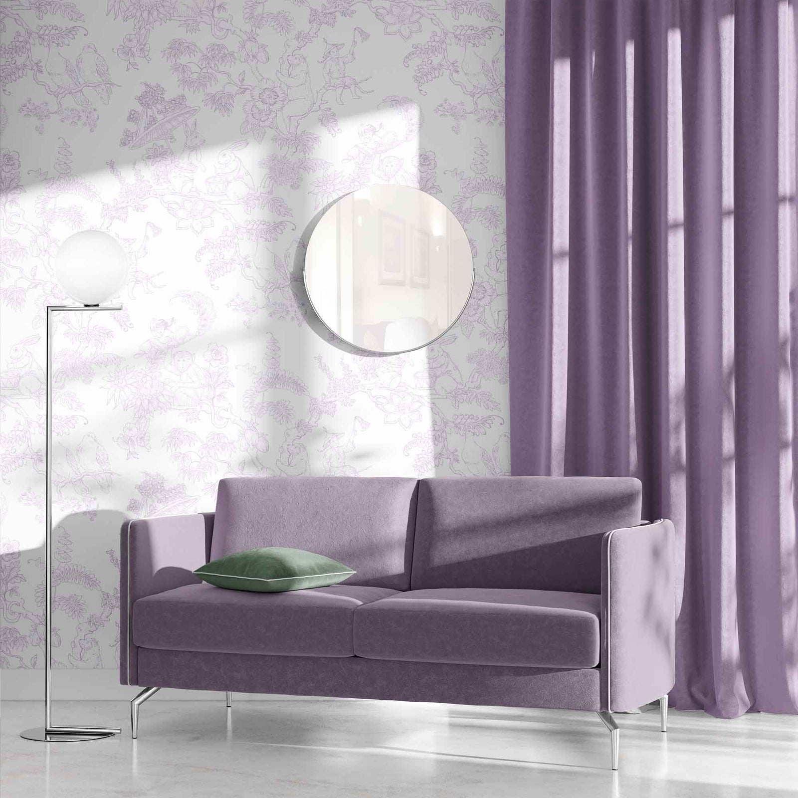 lilac_A traditional wallpaper with a floral pattern in a toile style design, predominantly lilac on a white background in a room with a purple couch.