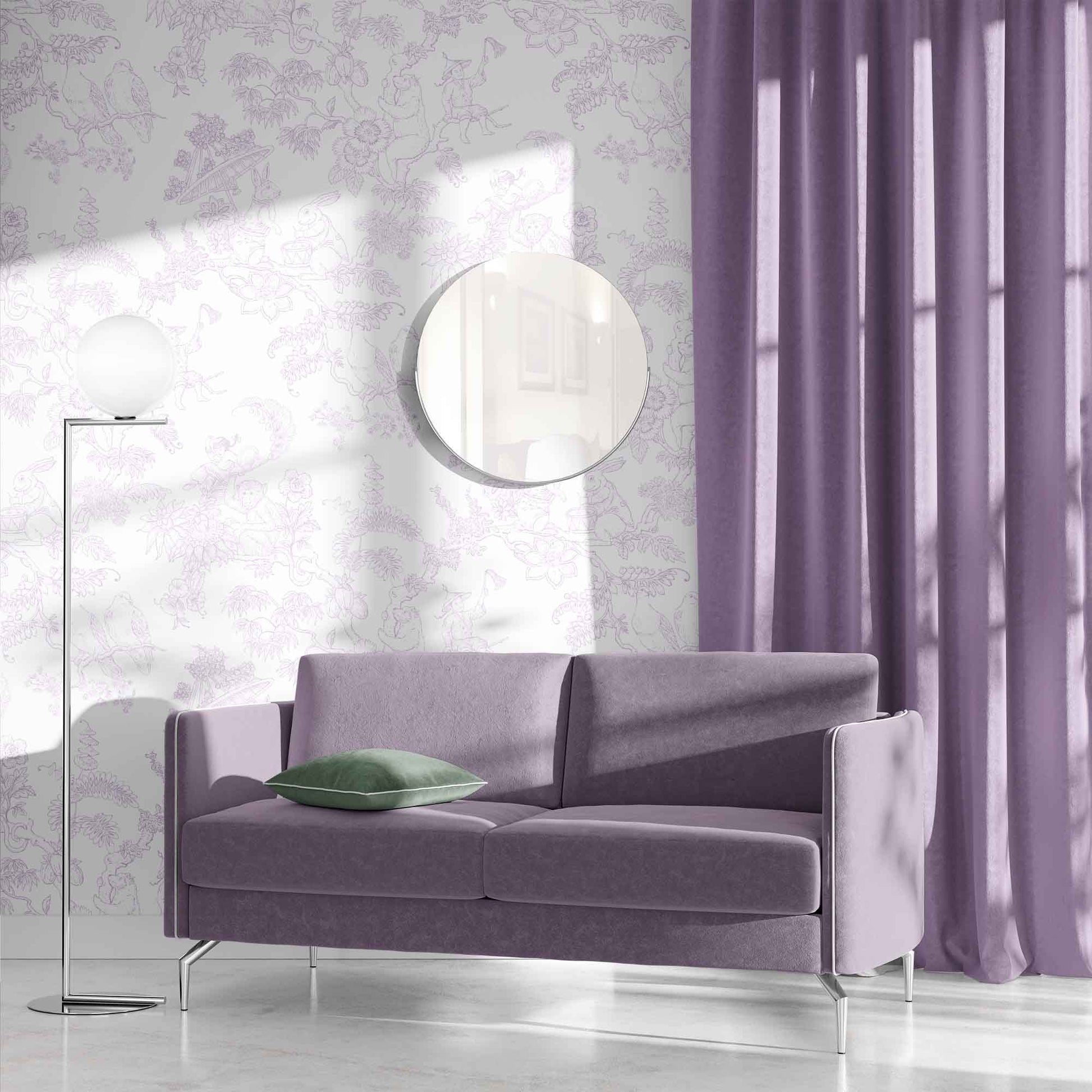 lilac_A traditional wallpaper with a floral pattern in a toile style design, predominantly lilac on a white background in a room with a purple couch.