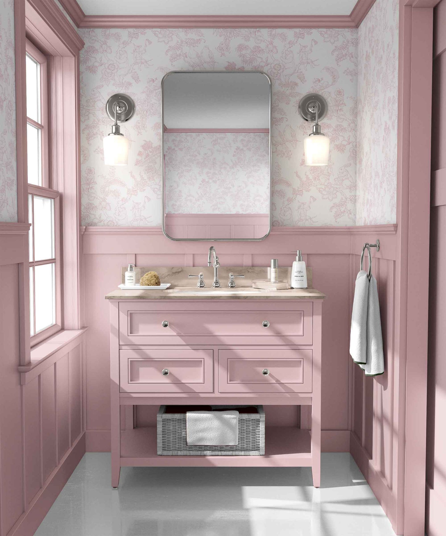 light-pink_A traditional wallpaper with a floral pattern in a toile style design, predominantly light pink on a white background in a bathroom.