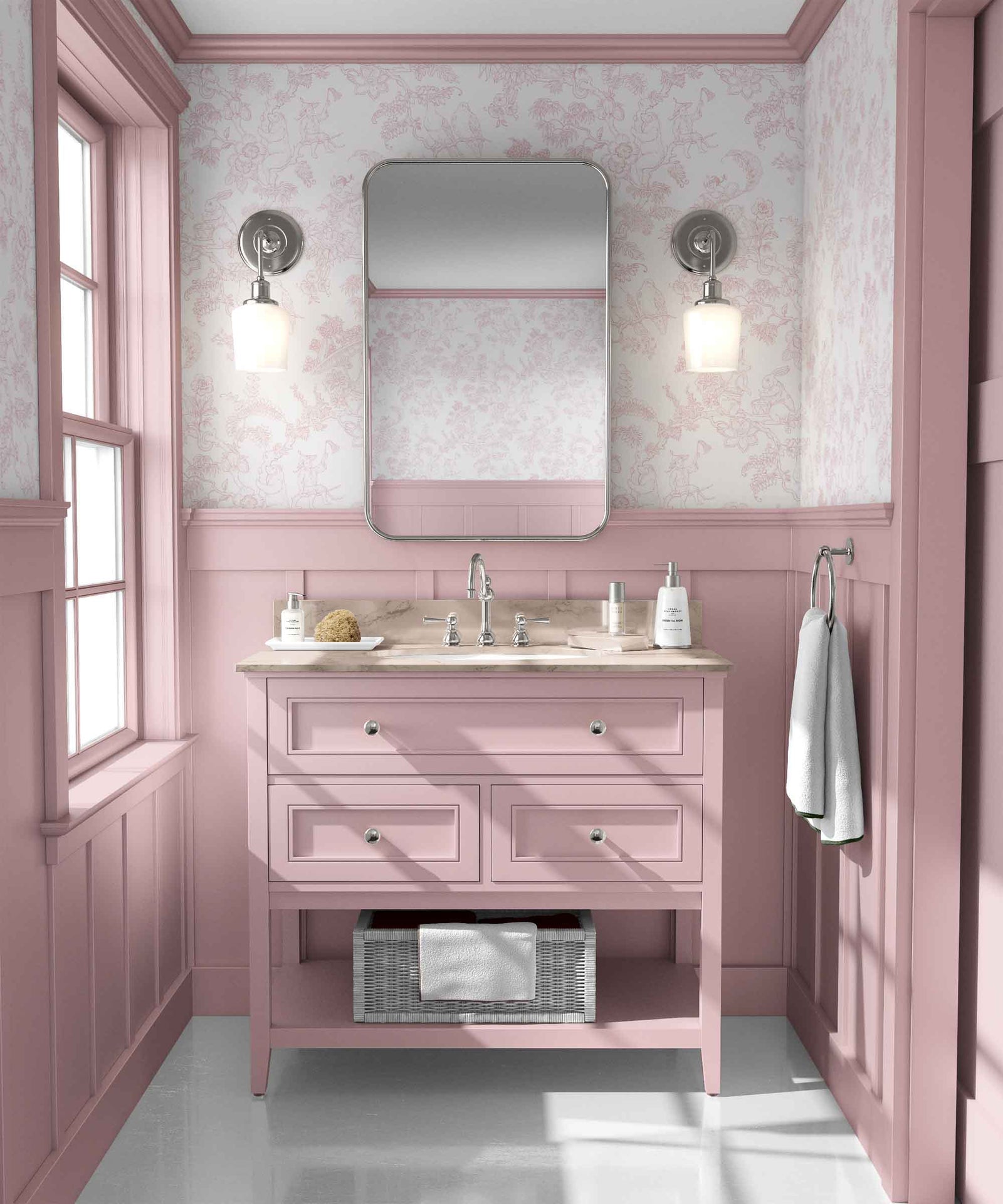 light-pink_A traditional wallpaper with a floral pattern in a toile style design, predominantly light pink on a white background in a bathroom.