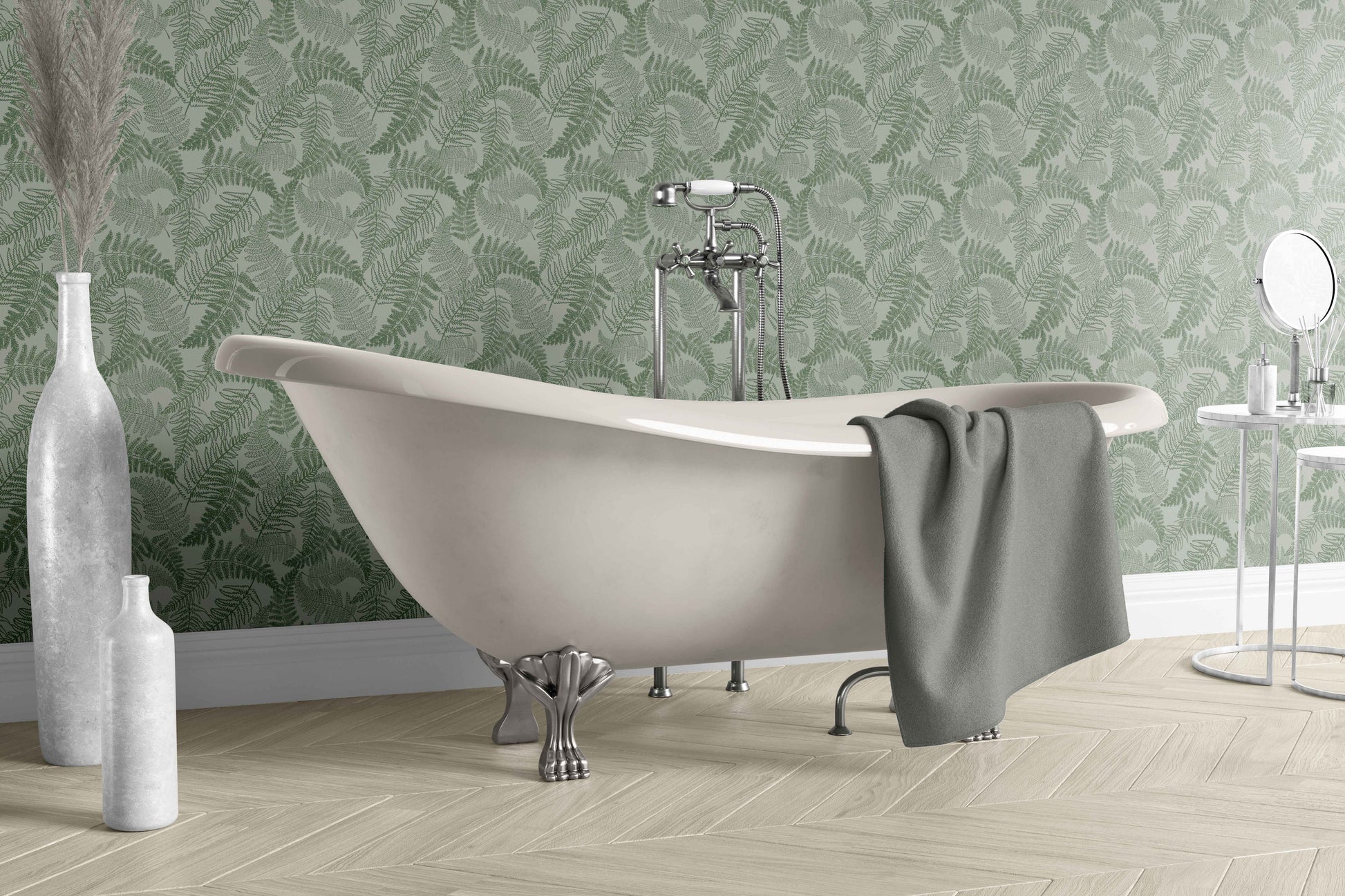 green_A green and light green floral wallpaper in a bathroom with a white bathtub. 