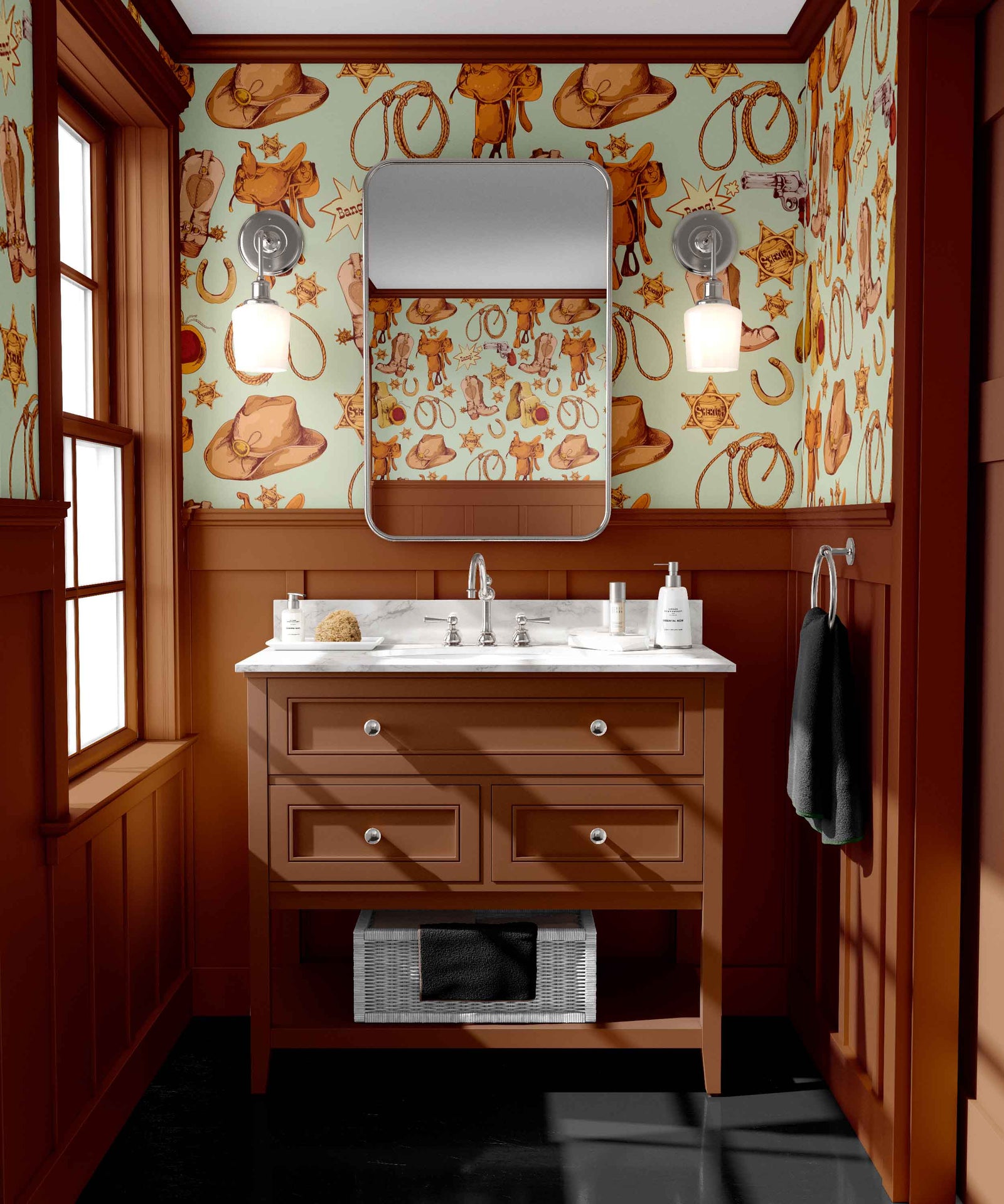 light-green_A wallpaper featuring a pattern with western-themed elements such as cowboy hats, boots, and guns on a light green background in a bathroom.