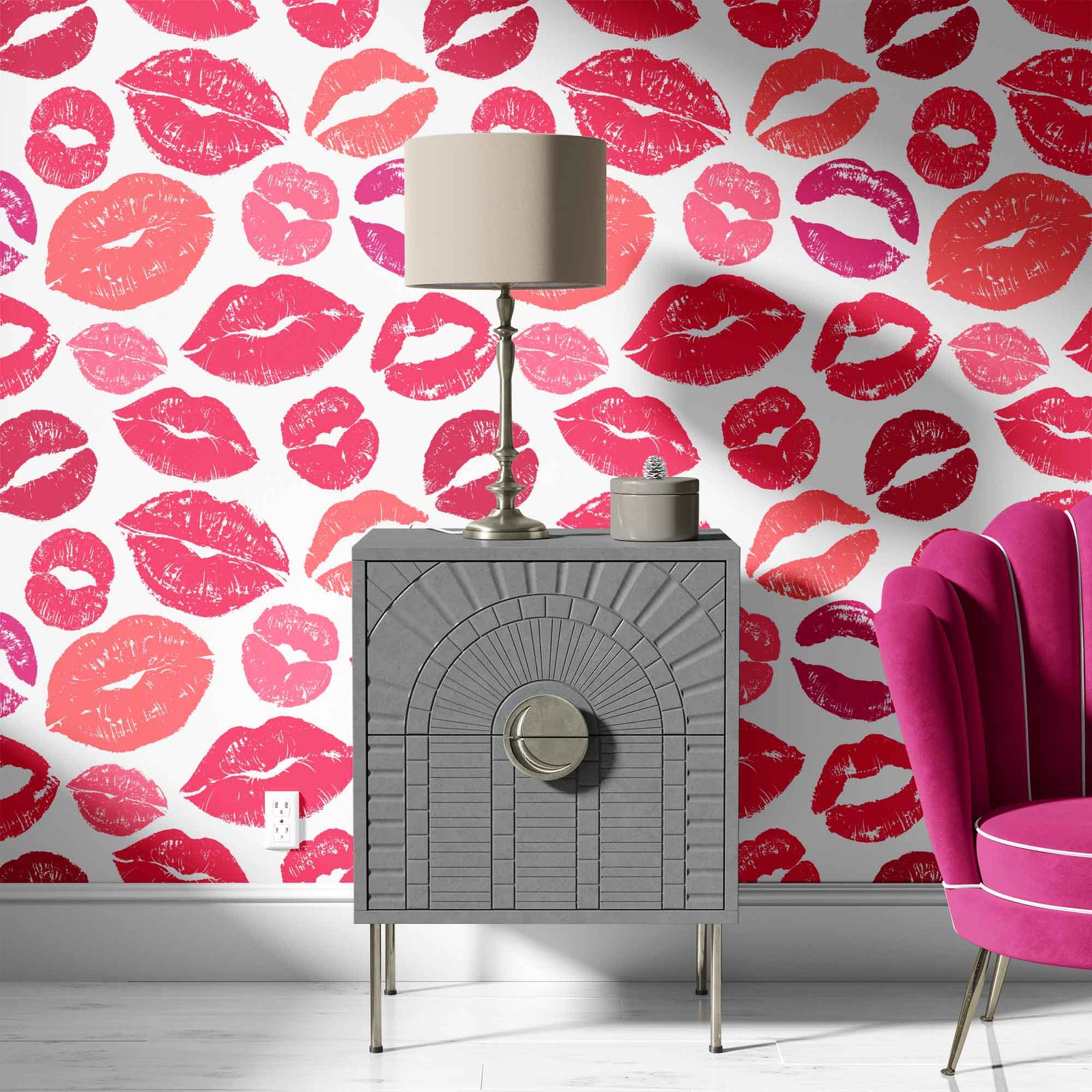 pink_A wallpaper with a repeated pattern of lips in various shades of pink and red on a white background in a sitting room with a pink sofa.