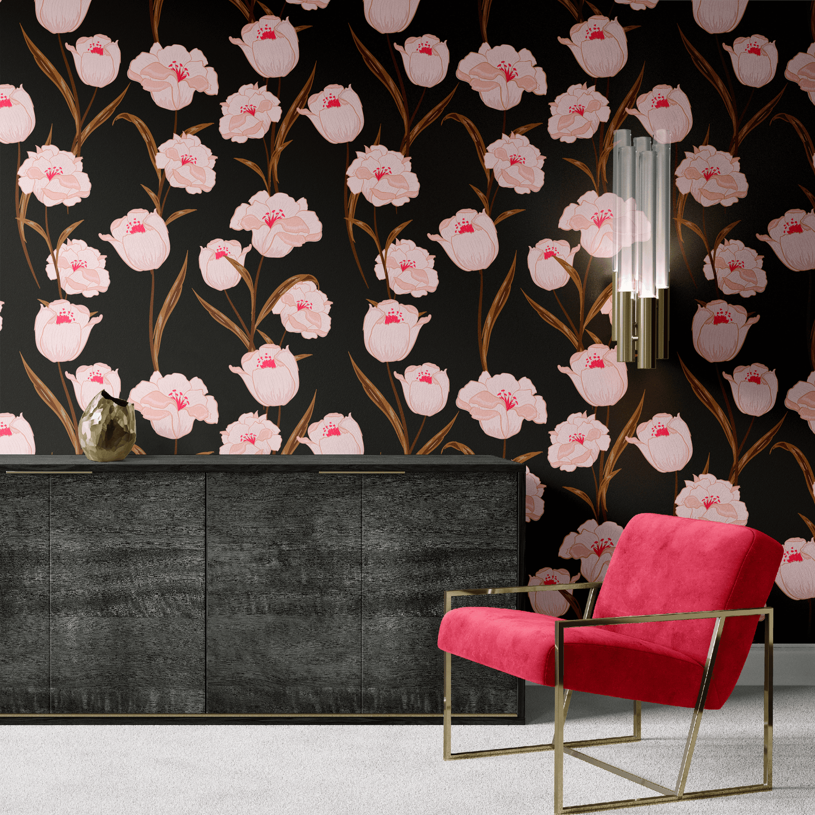 black_A wallpaper featuring a floral pattern with pink flowers and green leaves on a black background with a red chair