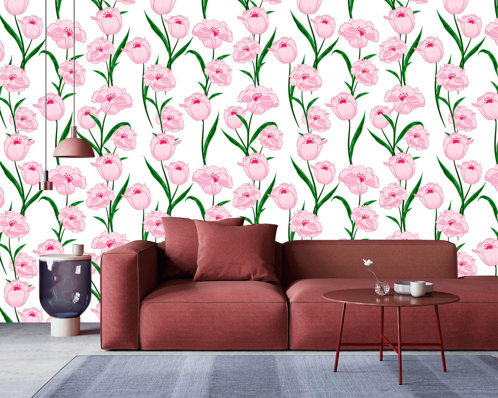 white_A wallpaper featuring a floral pattern with pink flowers and green leaves on a white background in a living room with sofa
