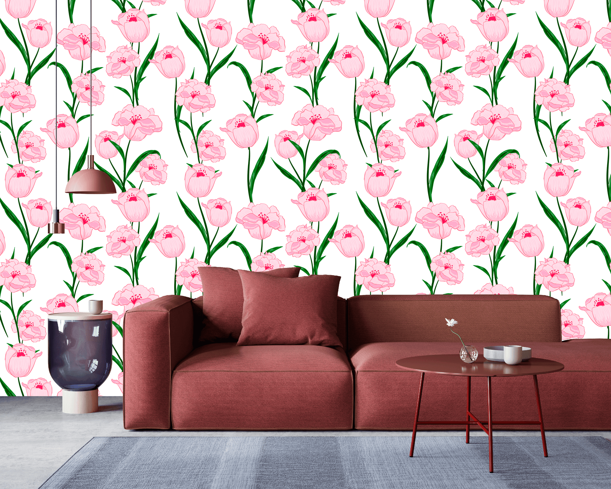 white_A wallpaper featuring a floral pattern with pink flowers and green leaves on a white background in a living room with sofa