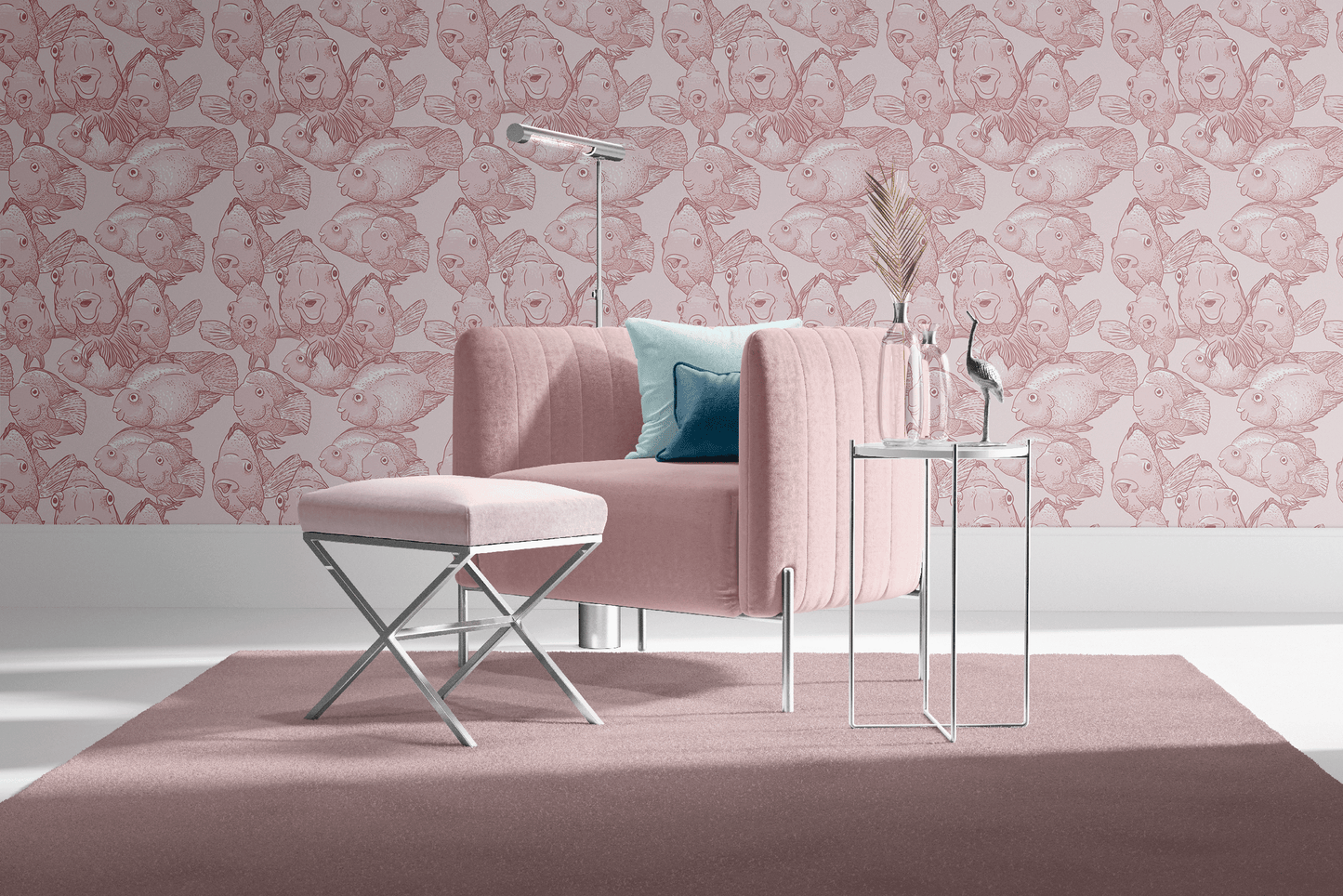 blush_A wallpaper featuring a pattern of illustrated blow fish in various shades of blush in a sitting area with a blush sofa