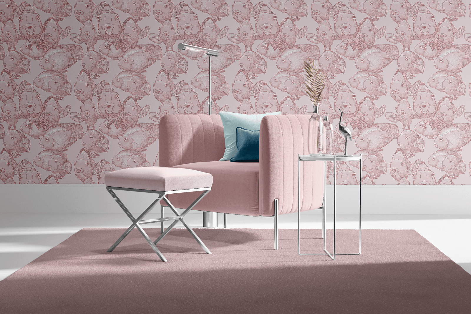 blush_A wallpaper featuring a pattern of illustrated blow fish in various shades of blush in a sitting area with a blush sofa