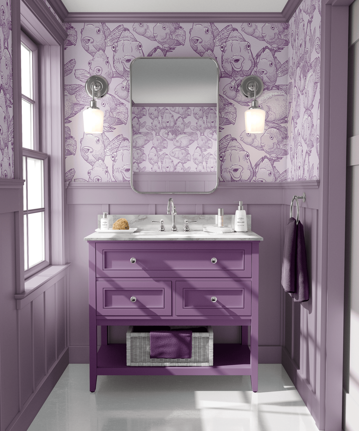 purple_A wallpaper featuring a pattern of illustrated blow fish in various shades of purple in a bathroom with a purple vanity