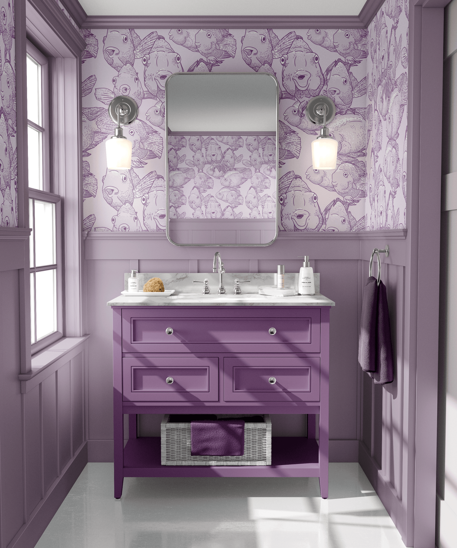 purple_A wallpaper featuring a pattern of illustrated blow fish in various shades of purple in a bathroom with a purple vanity