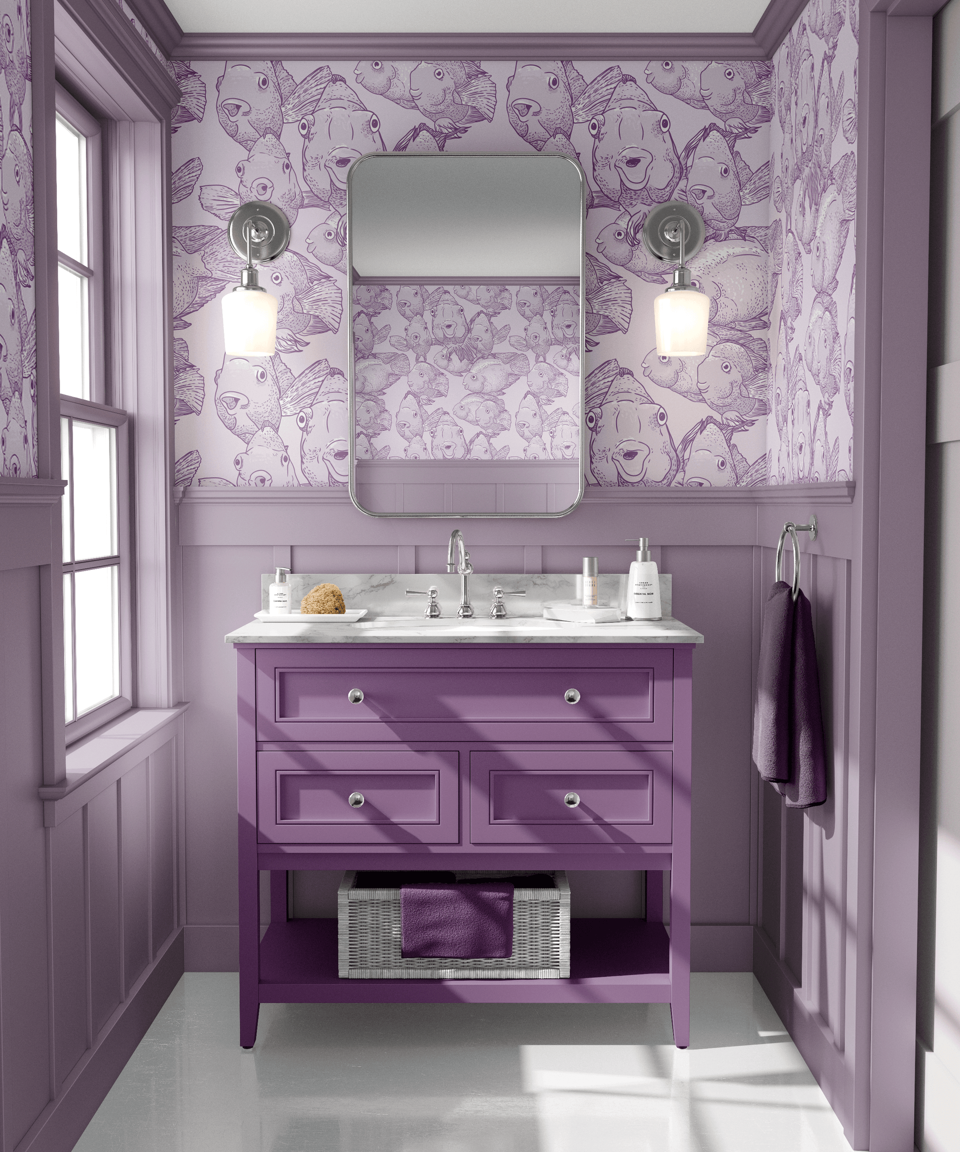 purple_A wallpaper featuring a pattern of illustrated blow fish in various shades of purple in a bathroom with a purple vanity