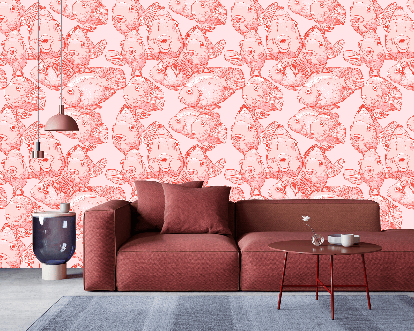 red_A wallpaper featuring a pattern of illustrated blow fish in various shades of red.