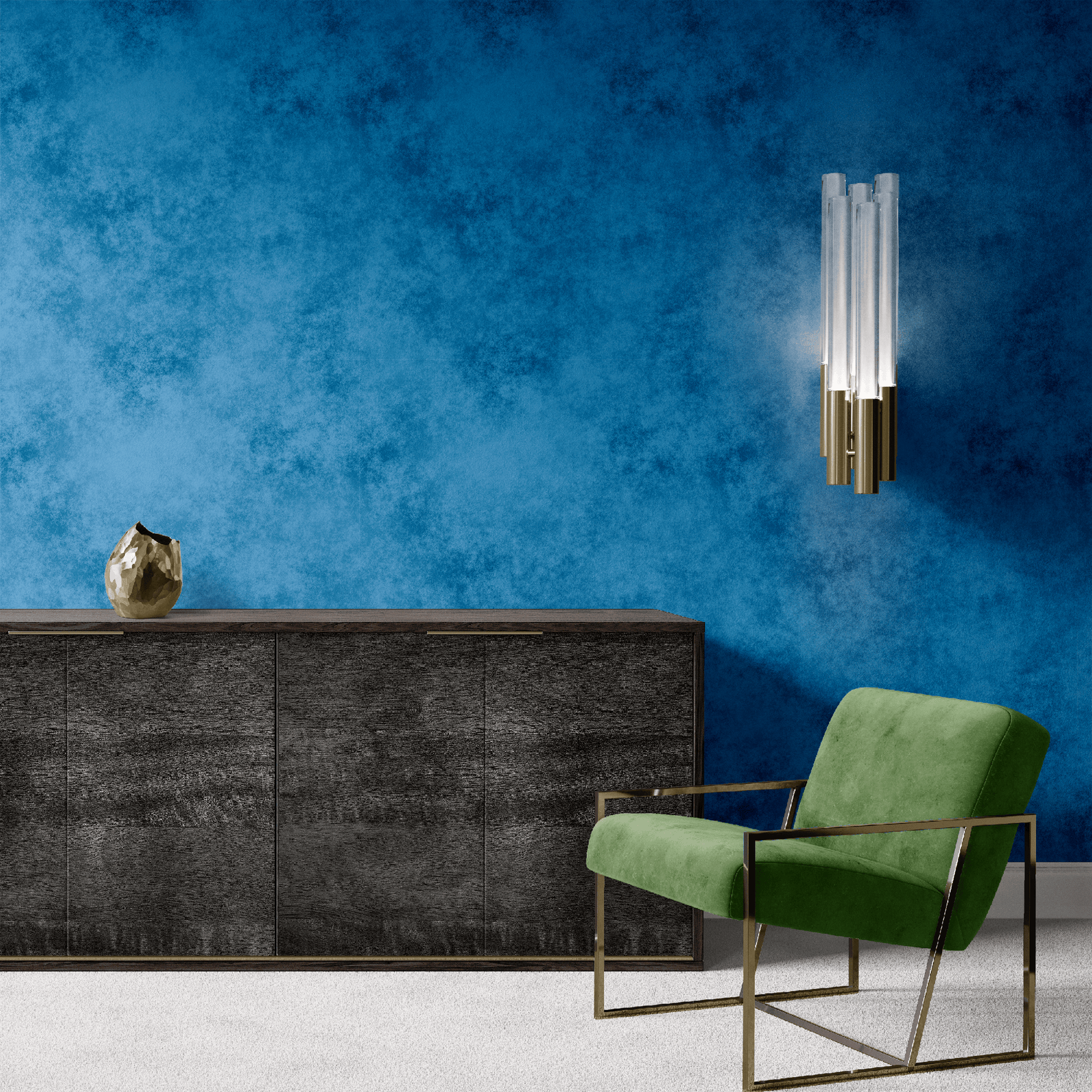 blue_blue textured wallpaper with a blurred pattern in a living room with a green chair