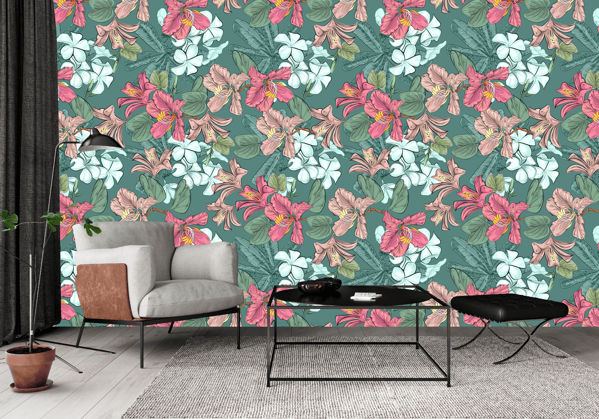 slate-green_boho floral pattern with slate green background and multi color flowers in a living room 