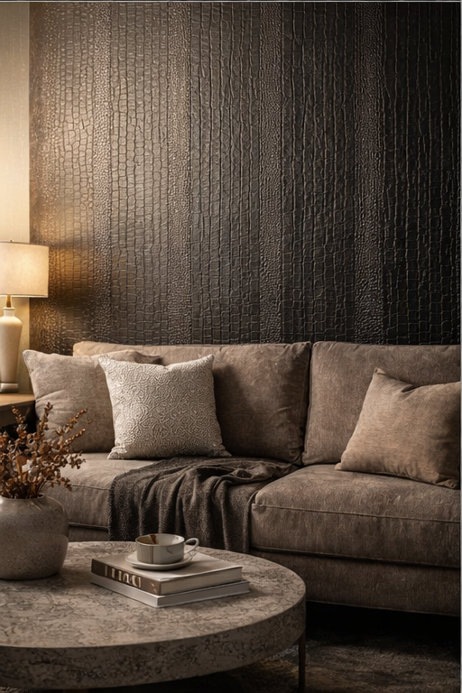 black_Matte black embossed alligator wallpaper in a bright neutral living room with warm tones and soft lighting