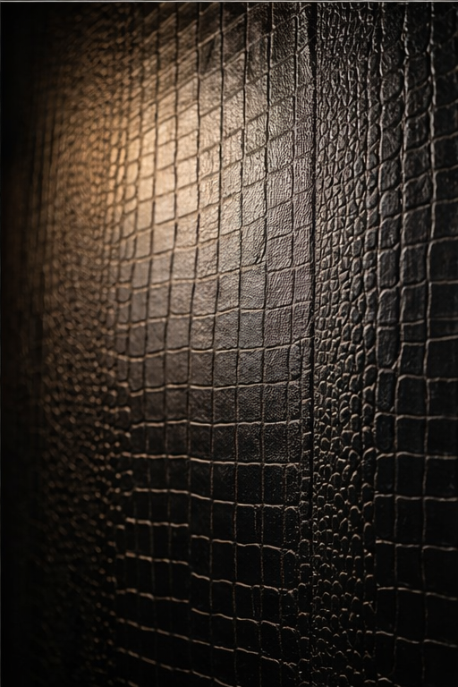 black_Embossed alligator wallpaper in matte black with angled lighting highlighting depth and texture of scales