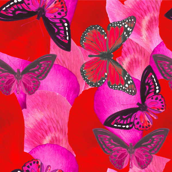pink_A vibrant wallpaper featuring a pattern of pink and red butterflies with detailed wings over a red background with pink floral accents.