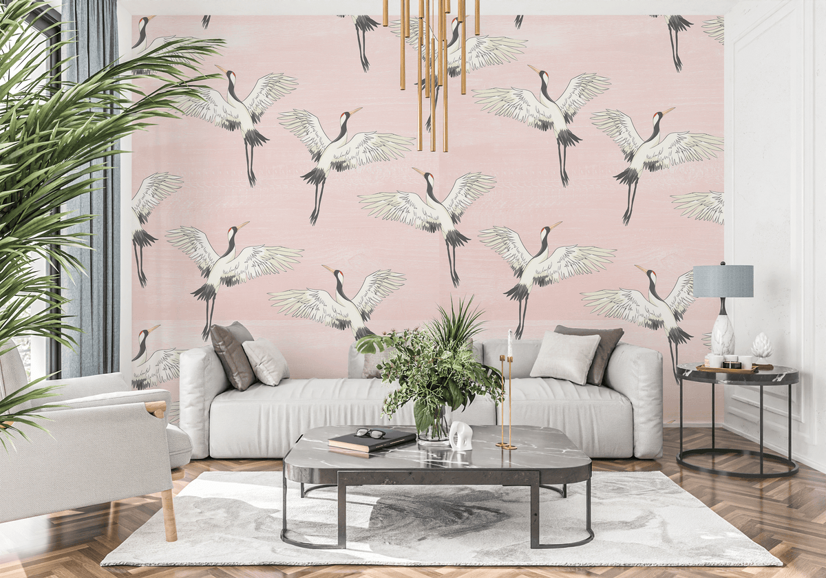 pink_A wallpaper featuring a pattern of white cranes with open wings on a pink background in a living room