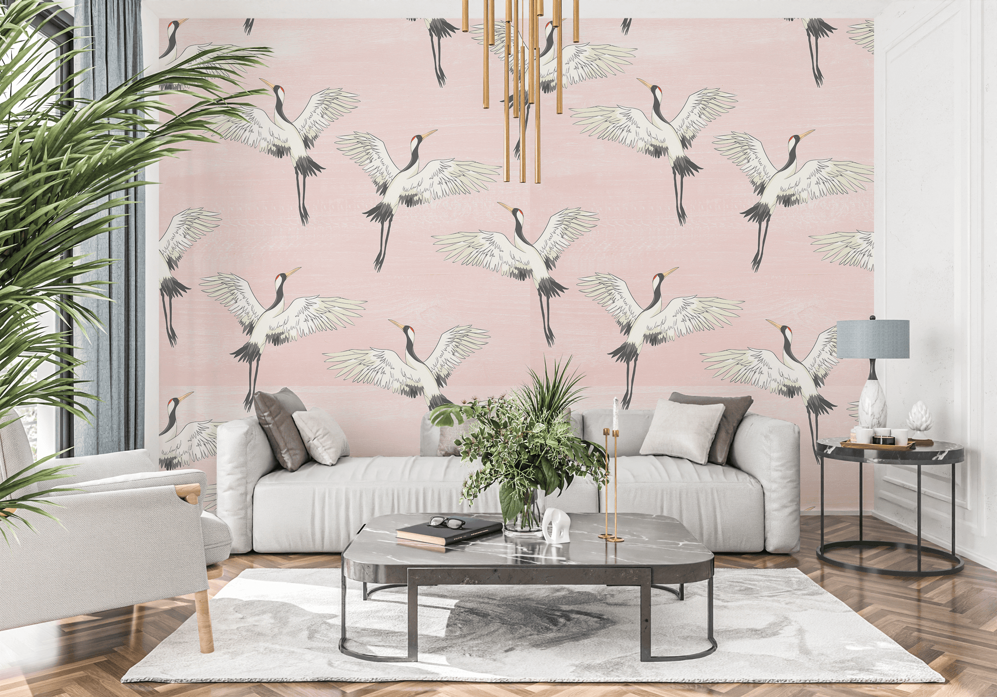 pink_A wallpaper featuring a pattern of white cranes with open wings on a pink background in a living room