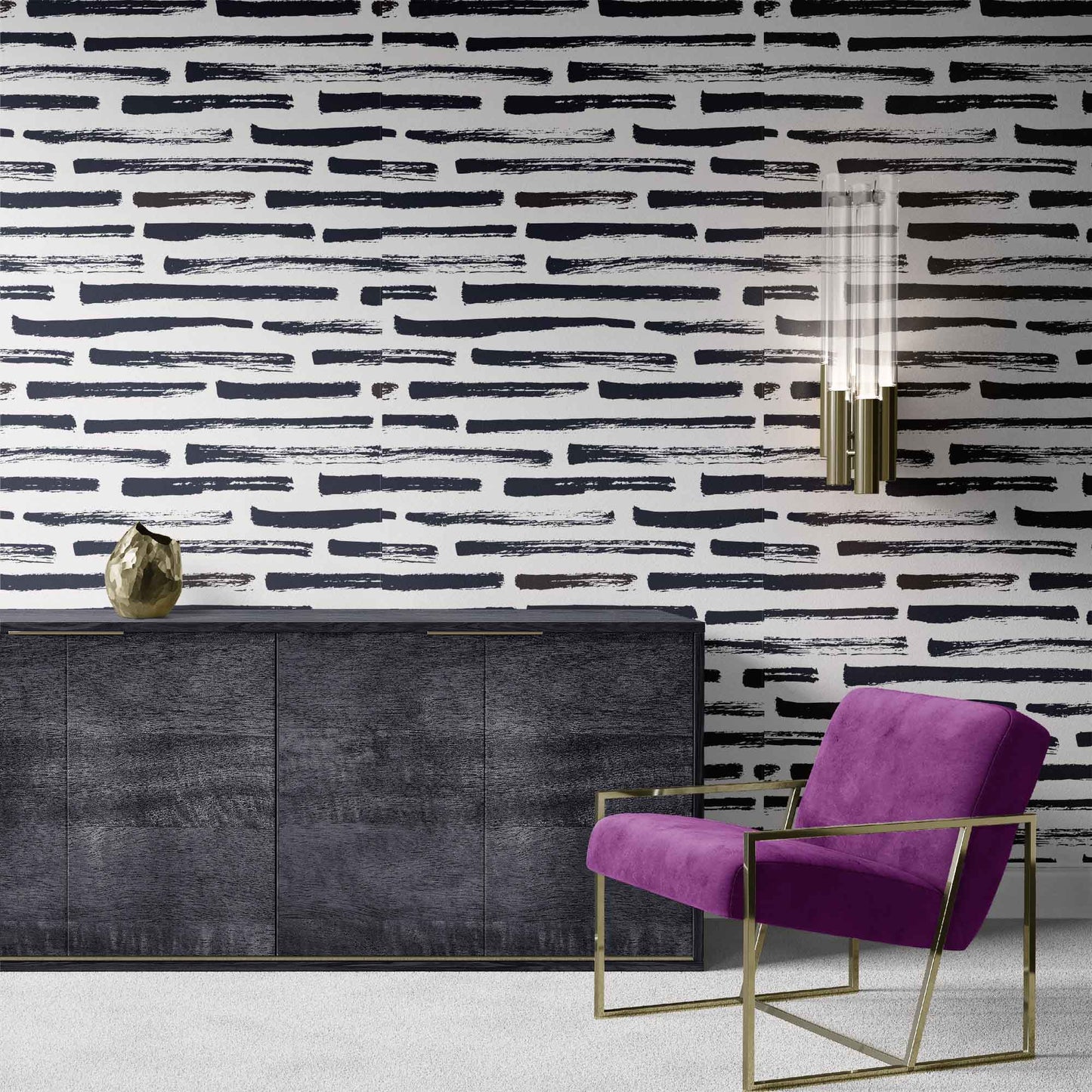 white_A wallpaper with black and white dry brush strokes pattern in a sitting area with a purple chair