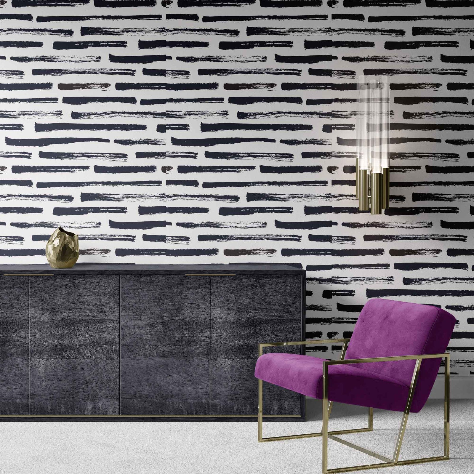 white_A wallpaper with black and white dry brush strokes pattern in a sitting area with a purple chair