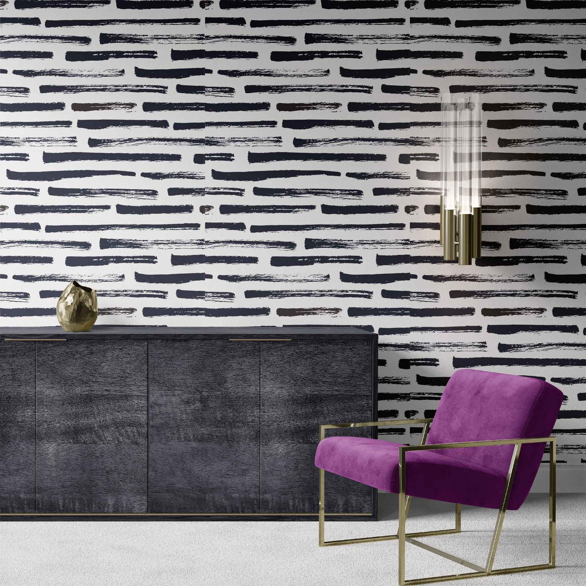 white_A wallpaper with black and white dry brush strokes pattern in a sitting area with a purple chair
