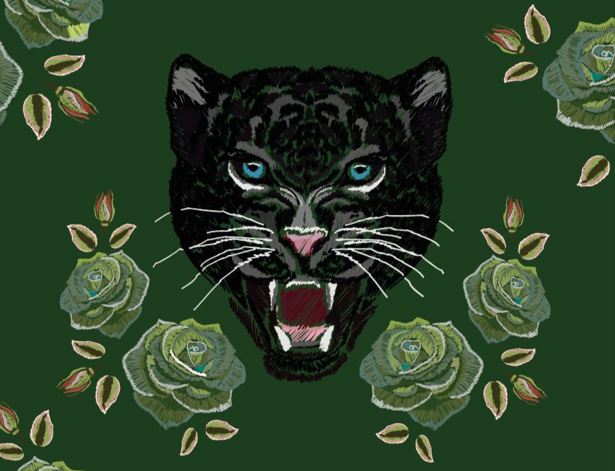 green_repeating pattern with embroidered tiger heads and roses.