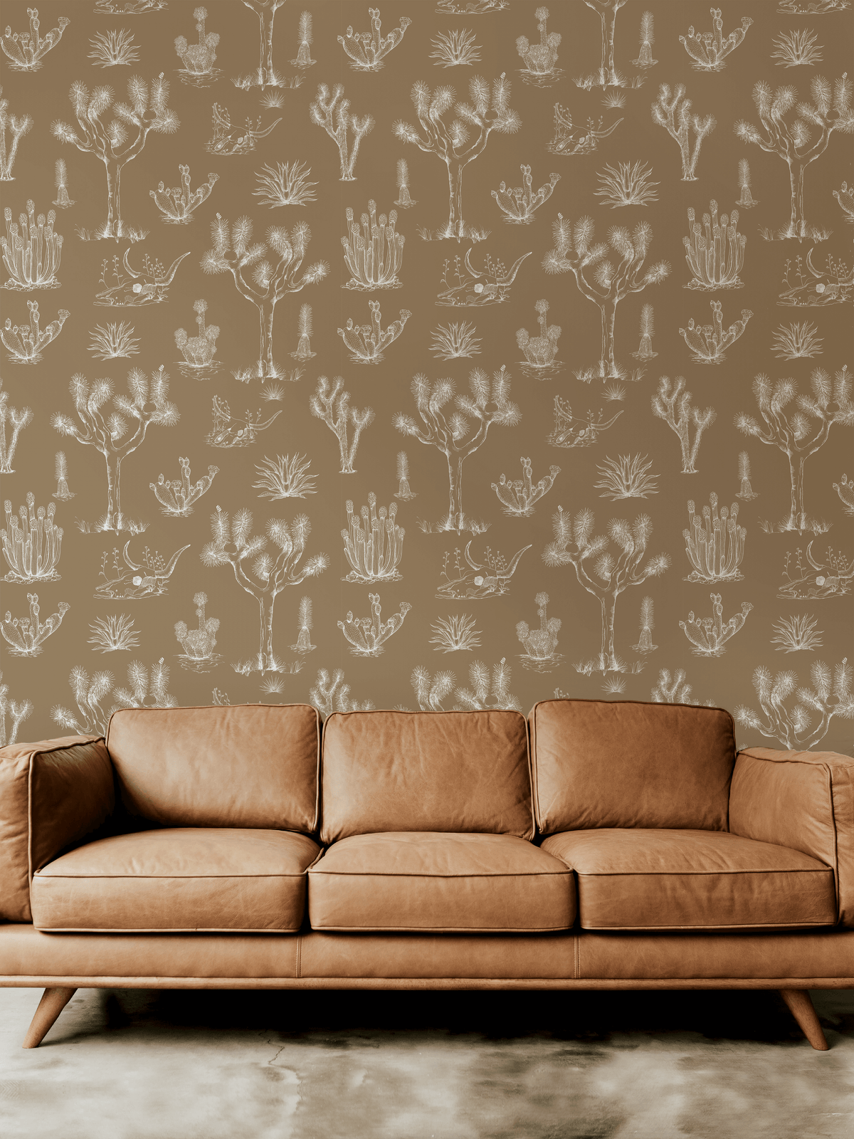 tan_A wallpaper featuring a repeating pattern of hand-drawn illustrations of various desert plants and cacti in white on a tan background.