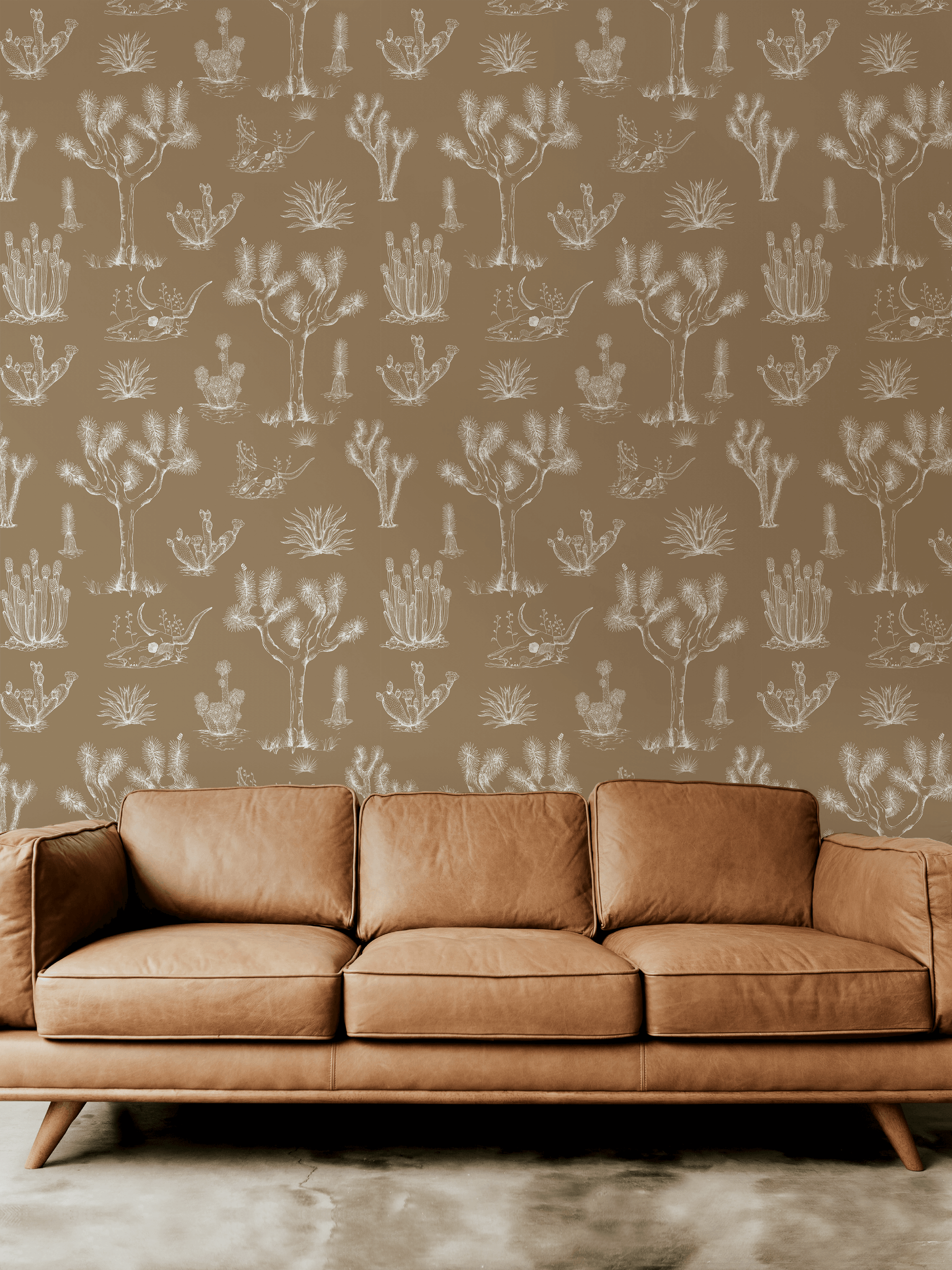 tan_A wallpaper featuring a repeating pattern of hand-drawn illustrations of various desert plants and cacti in white on a tan background.