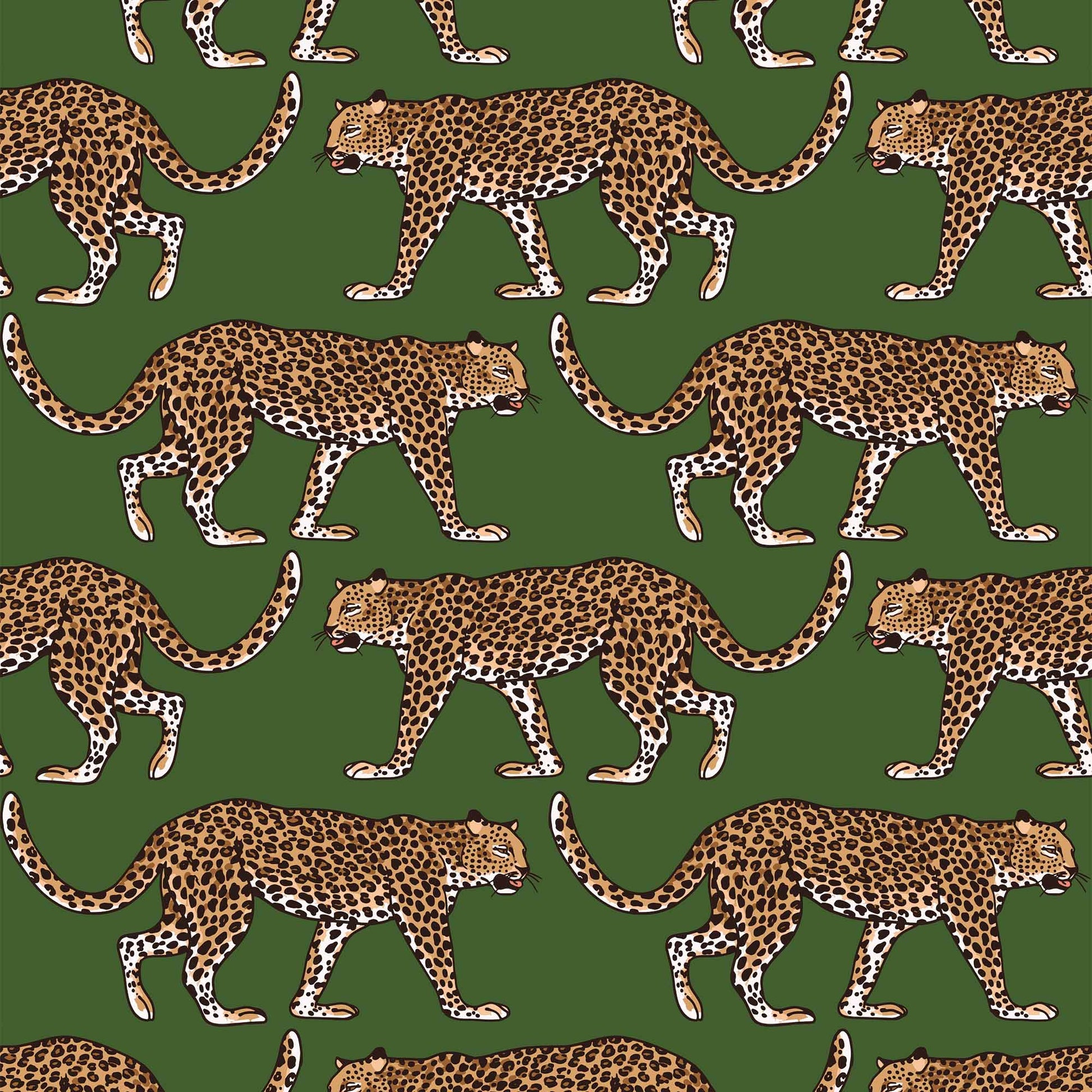dark-green_A wallpaper pattern featuring a repeating leopard print on a green background.