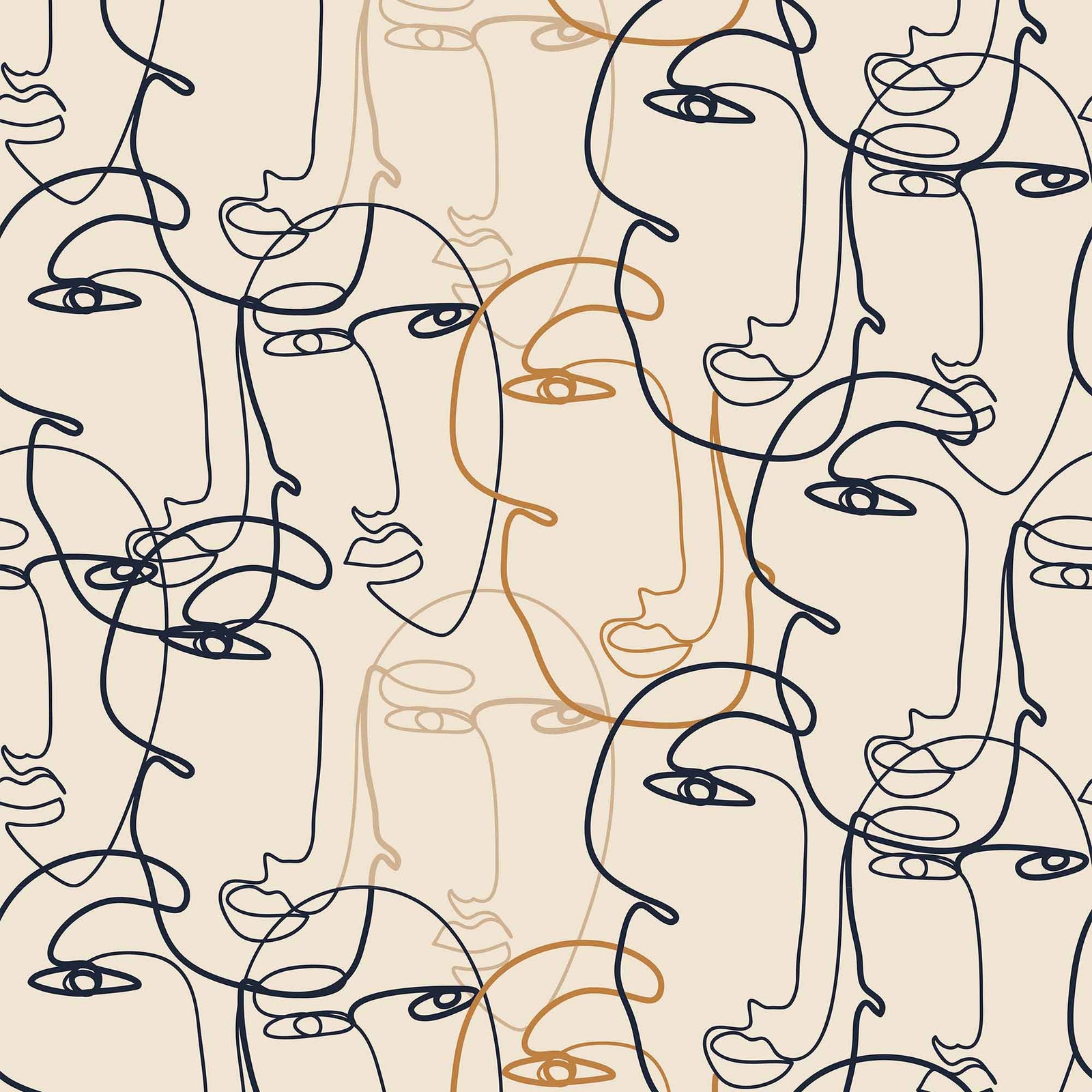 tan_A wallpaper with a pattern of abstract faces in black and gold on a beige background.