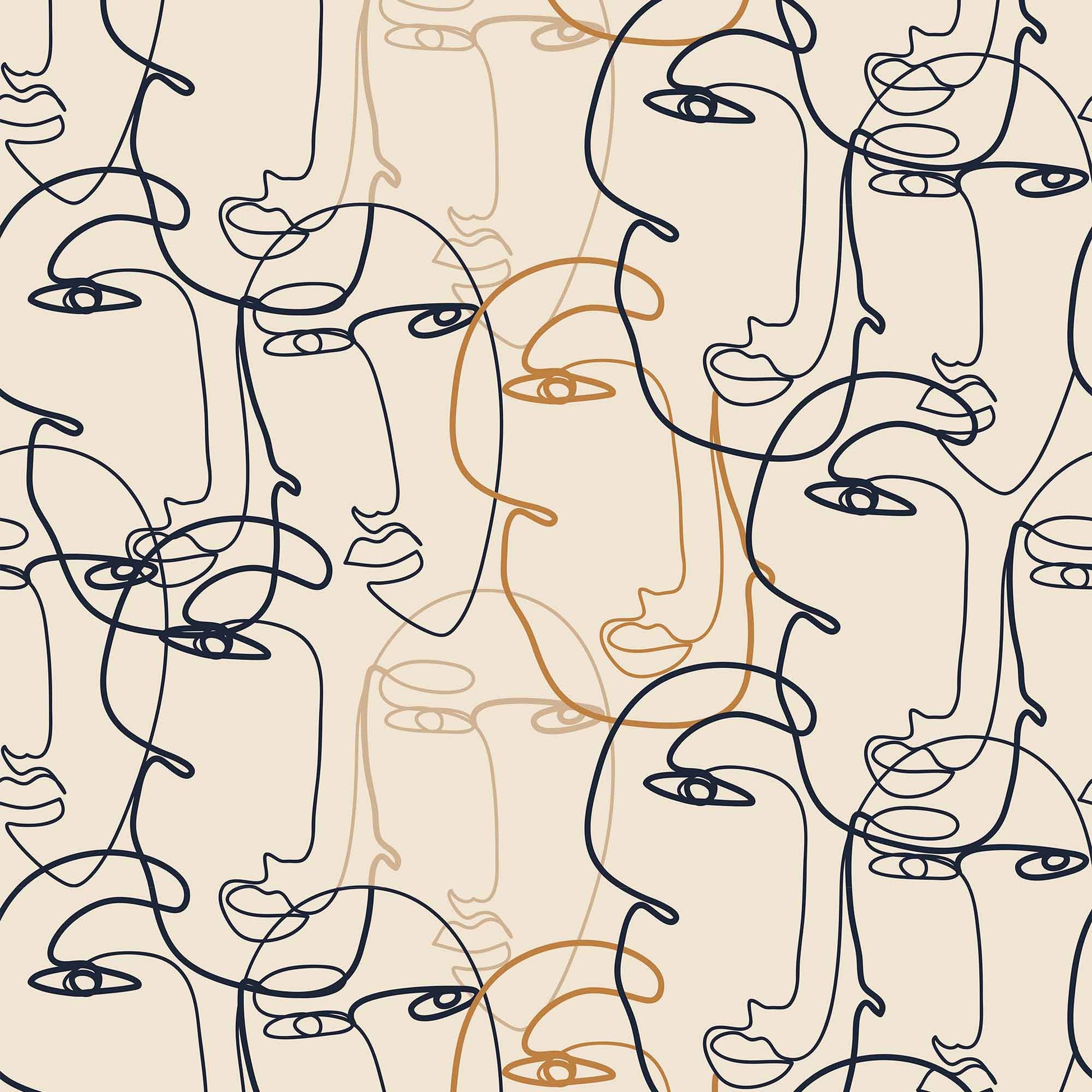 tan_A wallpaper with a pattern of abstract faces in black and gold on a beige background.