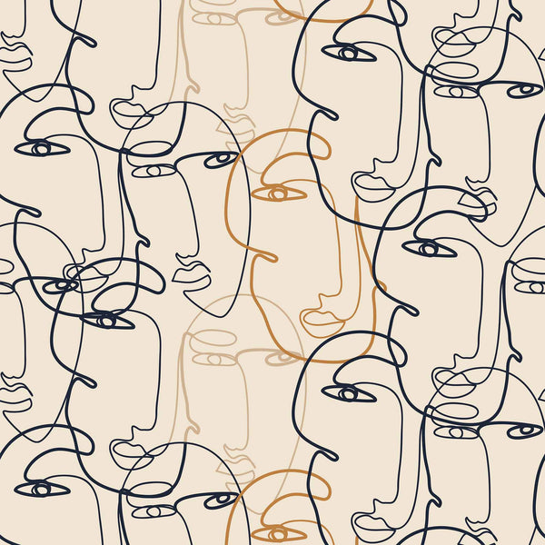 tan_A wallpaper with a pattern of abstract faces in black and gold on a beige background.