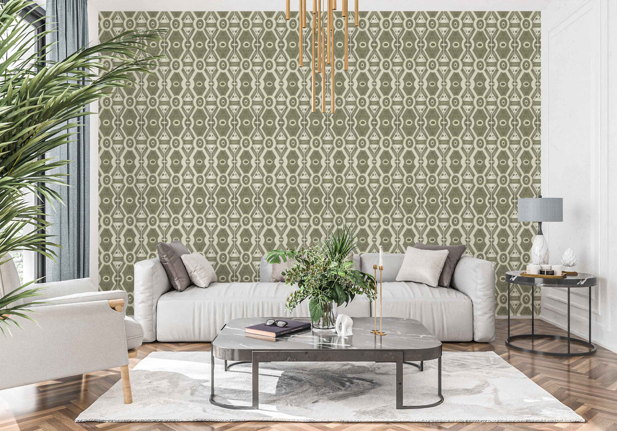sage_Modern living room with a patterned wall, white sofa, and decorative elements.