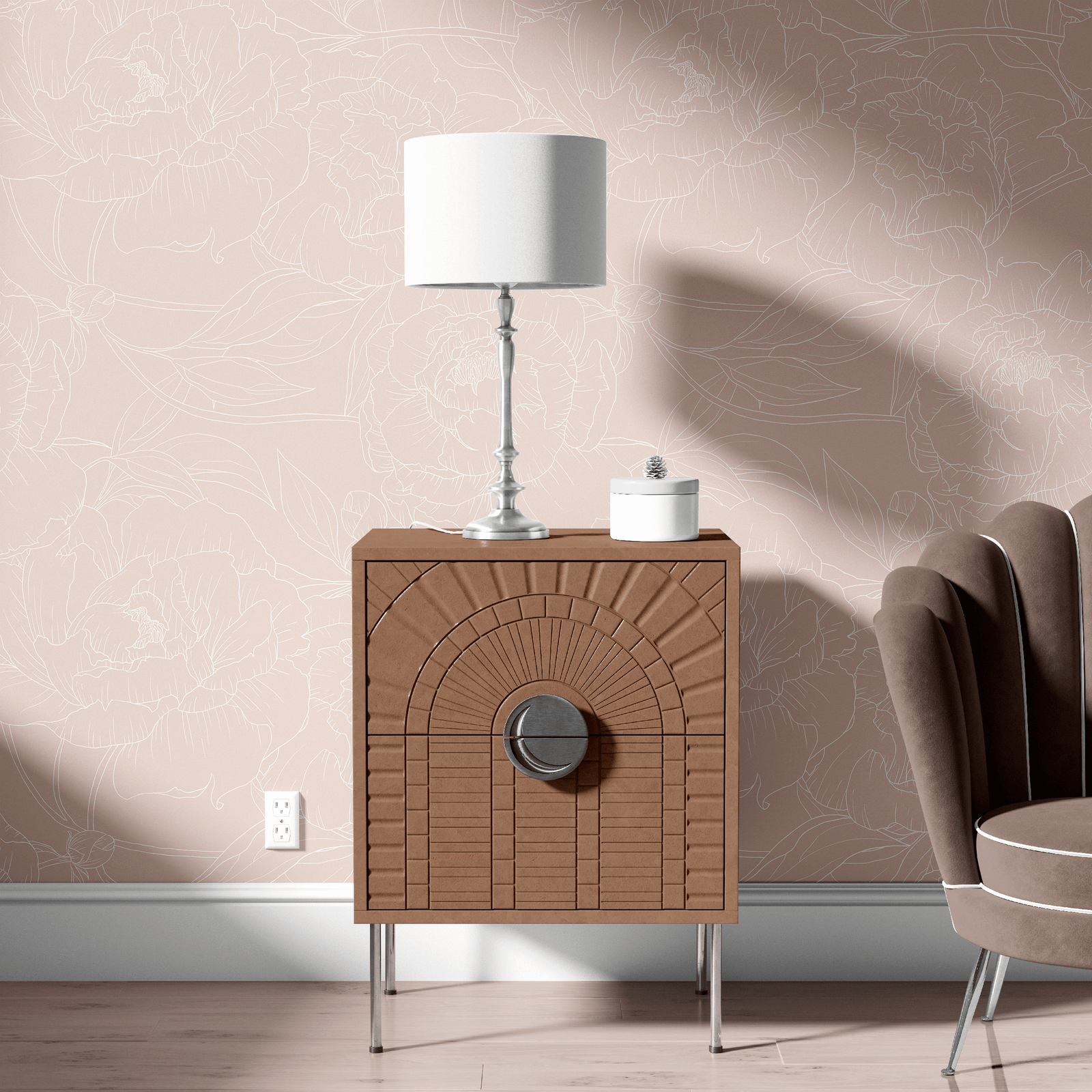 tan_A wallpaper with a repeated pattern of white line drawings of peony flowers on a tan background.