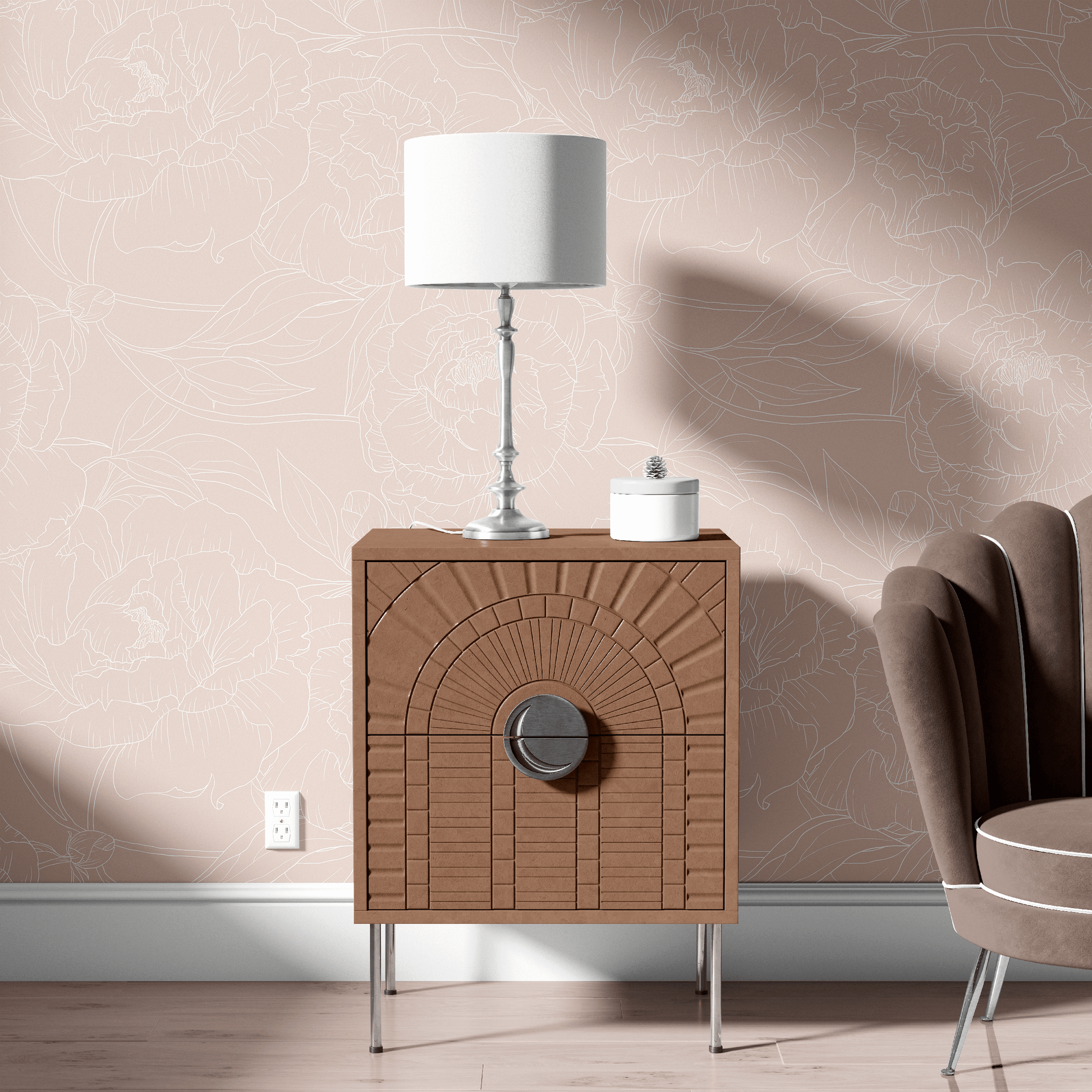 tan_A wallpaper with a repeated pattern of white line drawings of peony flowers on a tan background.