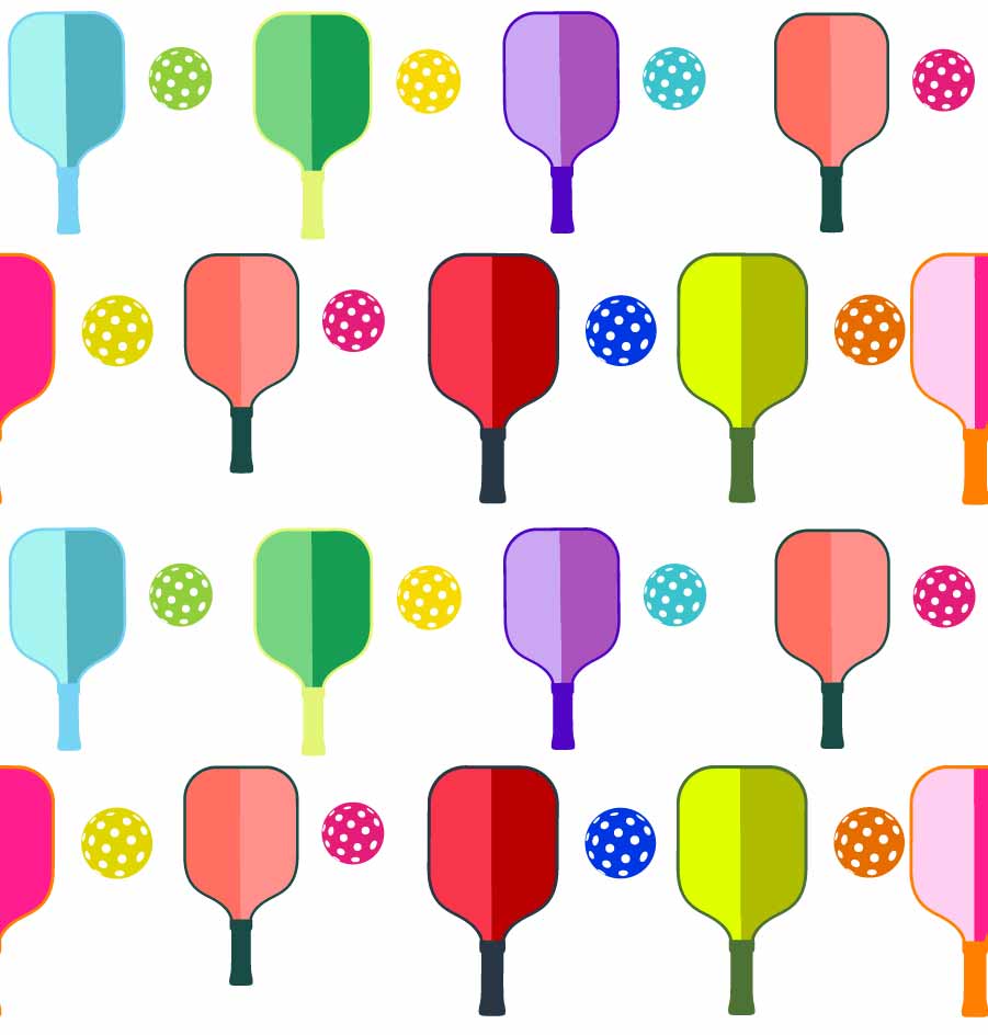 white_A pattern of colorful pickleball paddles and balls on a white background