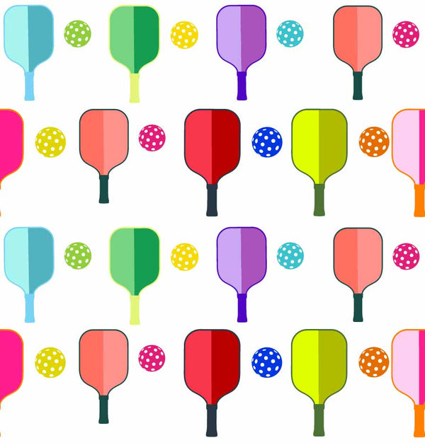 white_A pattern of colorful pickleball paddles and balls on a white background