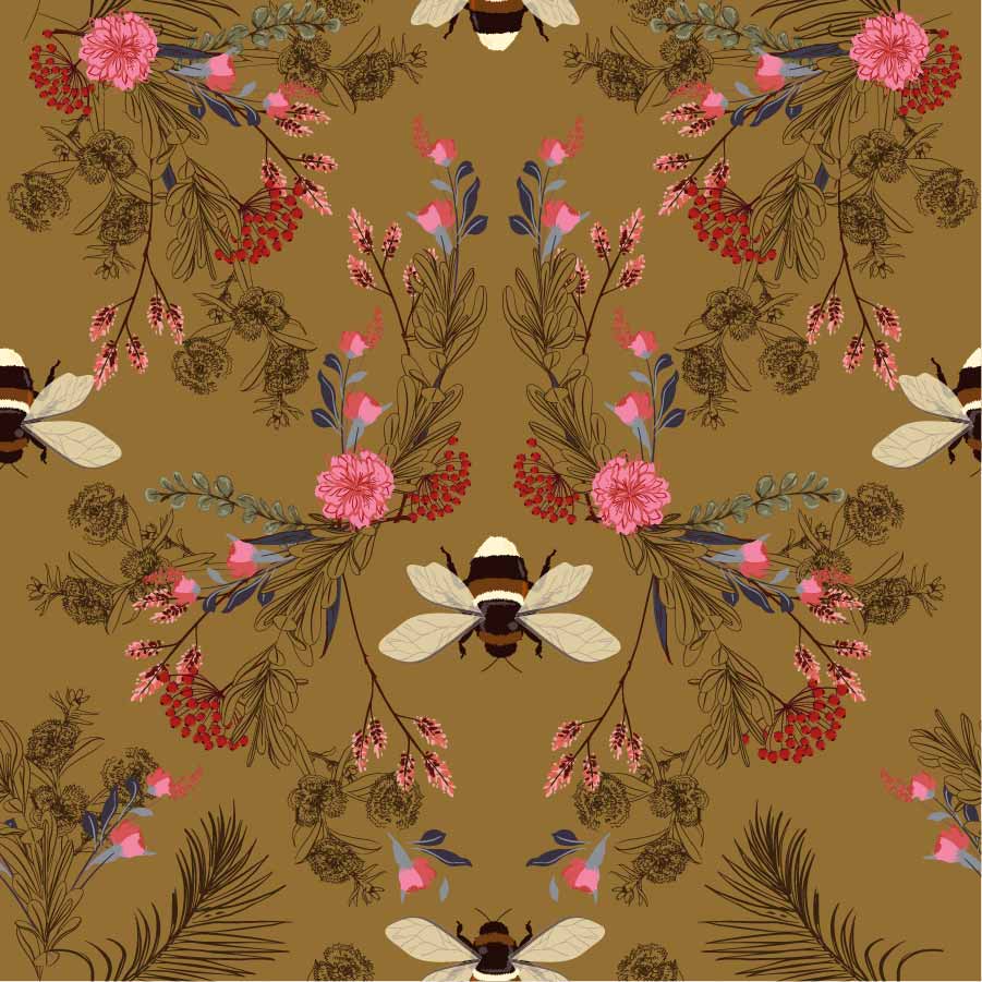 brown_Symmetrical botanical pattern featuring detailed florals, foliage, and berries arranged around illustrated bees, set on a warm ochre background with accents of pink, red, and muted blue for a rich, vintage-inspired look.