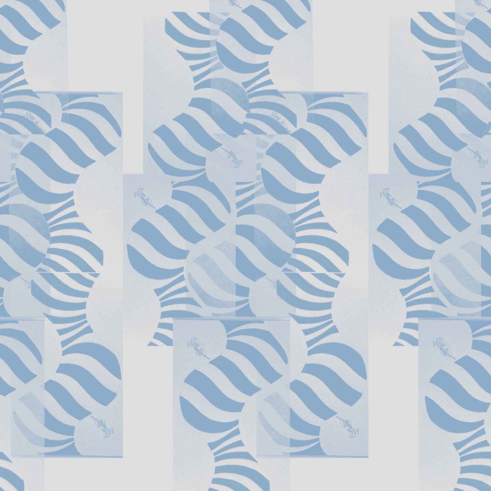 white-blue_Abstract geometric pattern featuring layered circles and wavy stripe motifs in soft blue tones, arranged in a grid-like composition with a modern, airy feel on a light background.